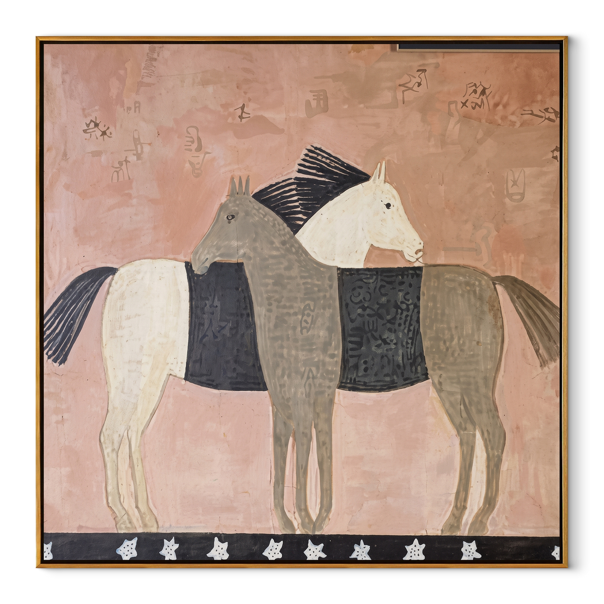 Three Horses Share Pink equestrian horse painting, square canvas artwork