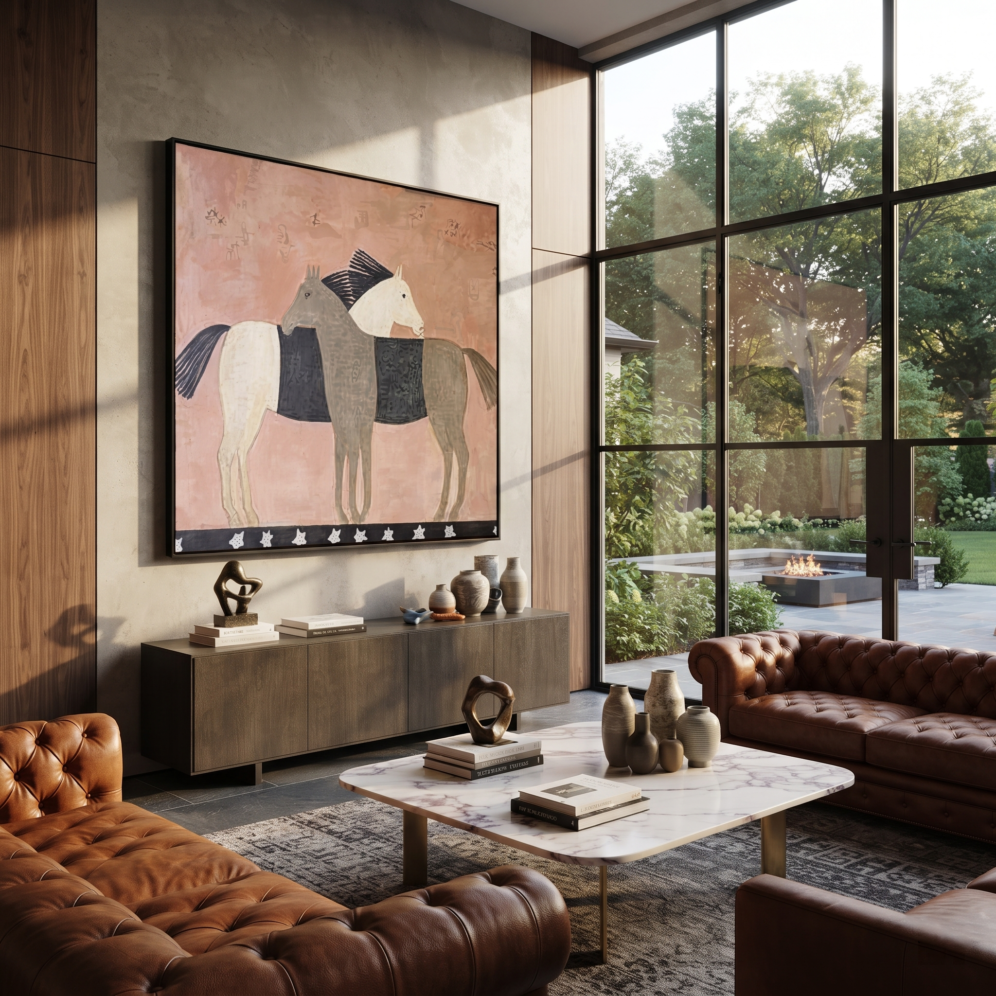 Three Horses Share Pink presented as a colorful interior focal point