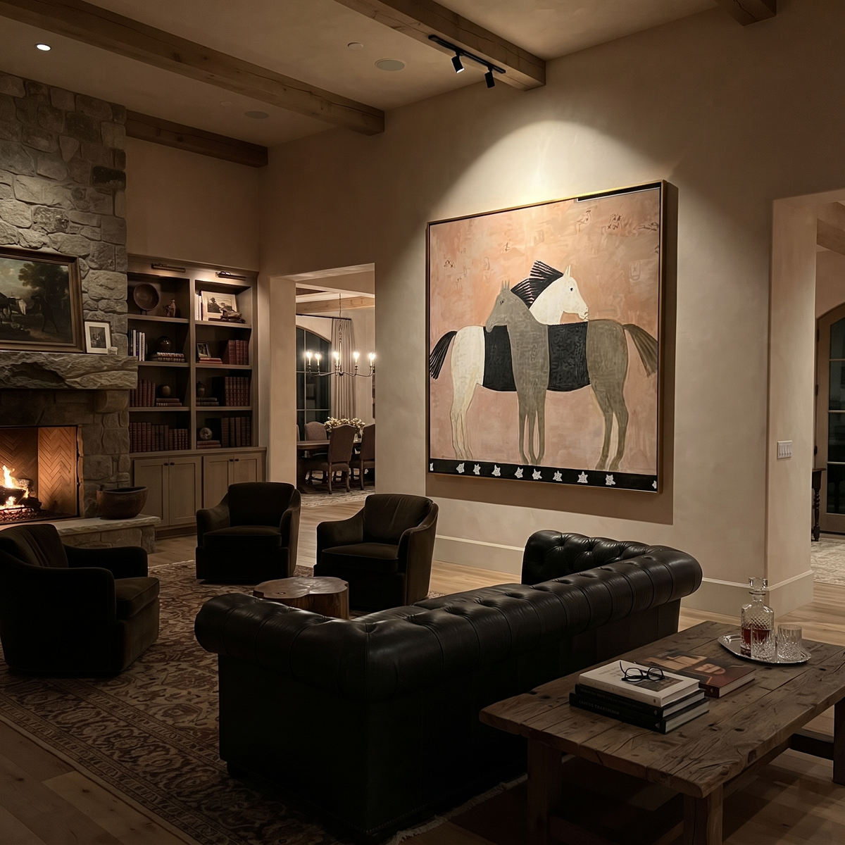Three Horses Share Pink styled with wood, linen, and modern decor