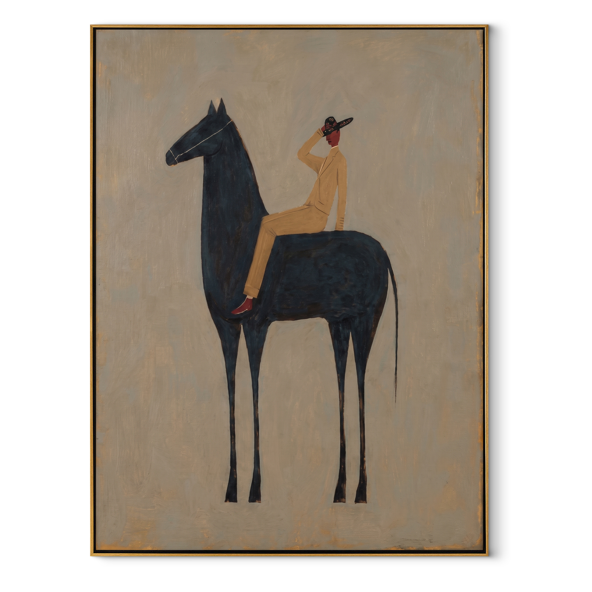Rider Shades Morning Eyes equestrian horse painting, vertical canvas artwork