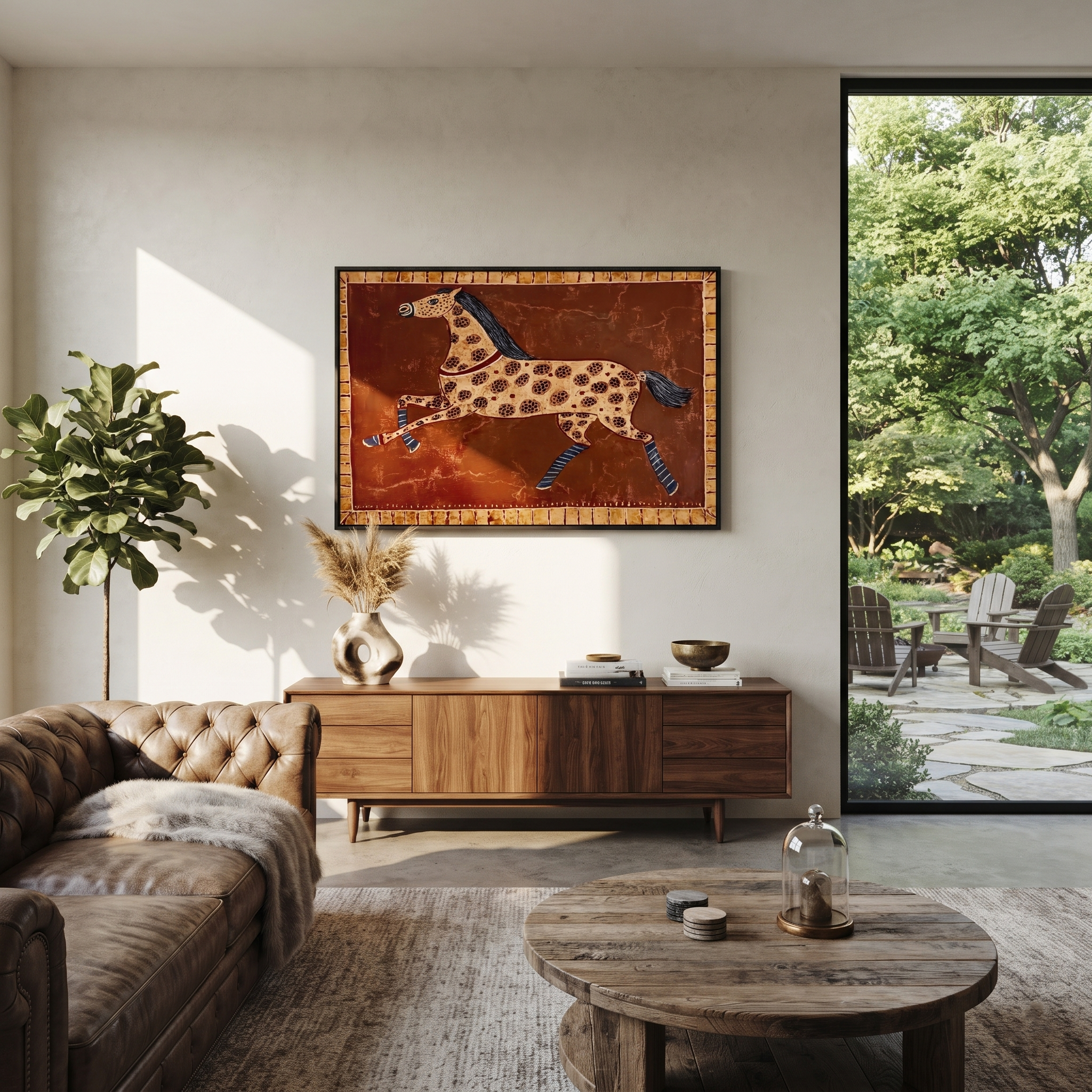 Spotted Horse Runs Rust presented as a colorful interior focal point