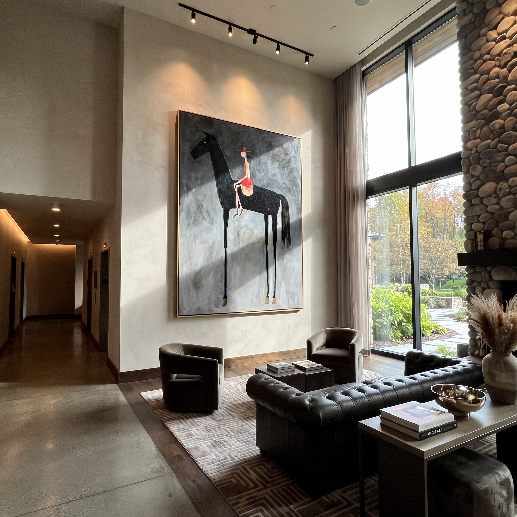 Red Saddle Meets Charcoal displayed in a collected contemporary interior