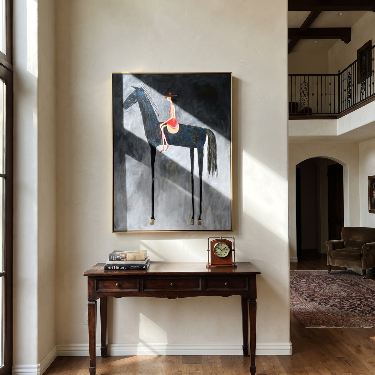 Red Saddle Meets Charcoal displayed in a layered residential setting