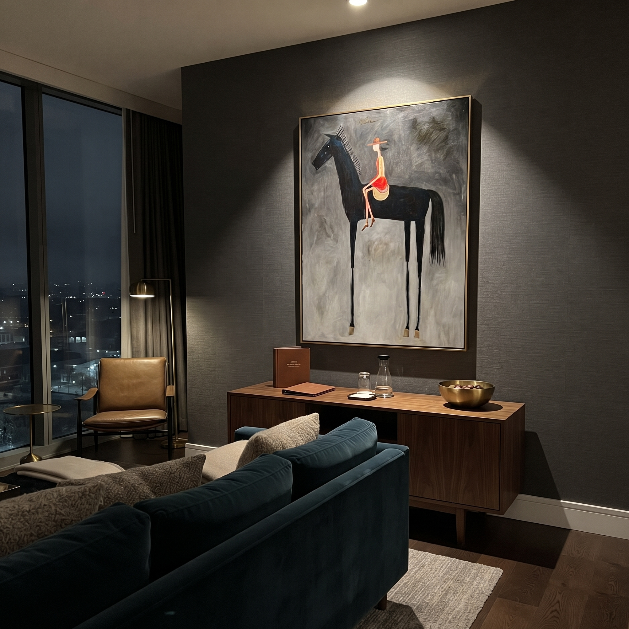 Red Saddle Meets Charcoal styled with wood, linen, and modern decor