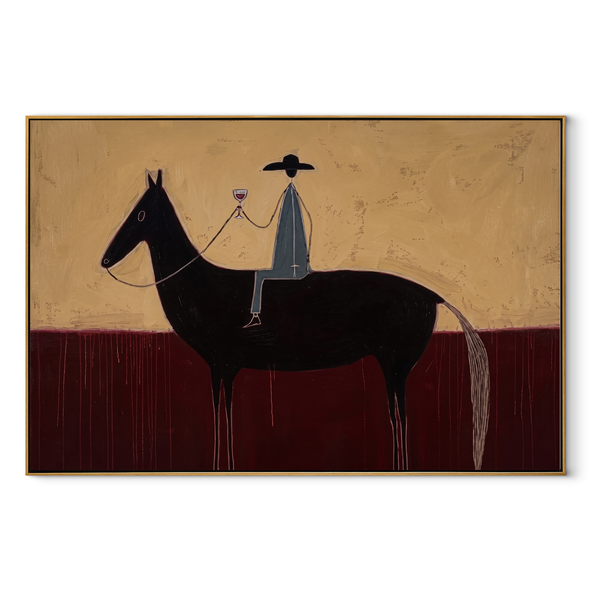 Wine Rises Above Black equestrian horse painting, horizontal canvas artwork