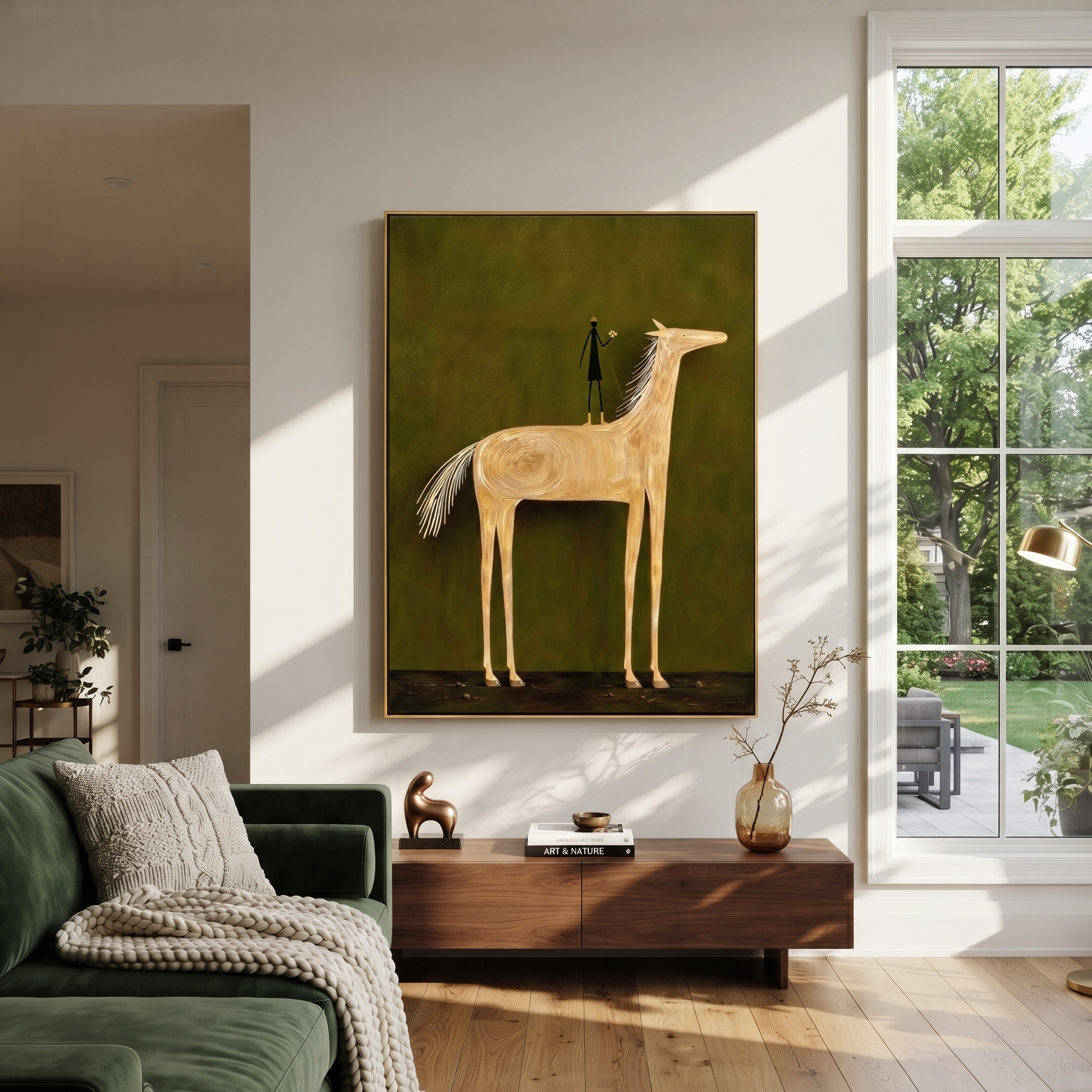 Pale Horse Holds Figure styled with warm modern furnishings