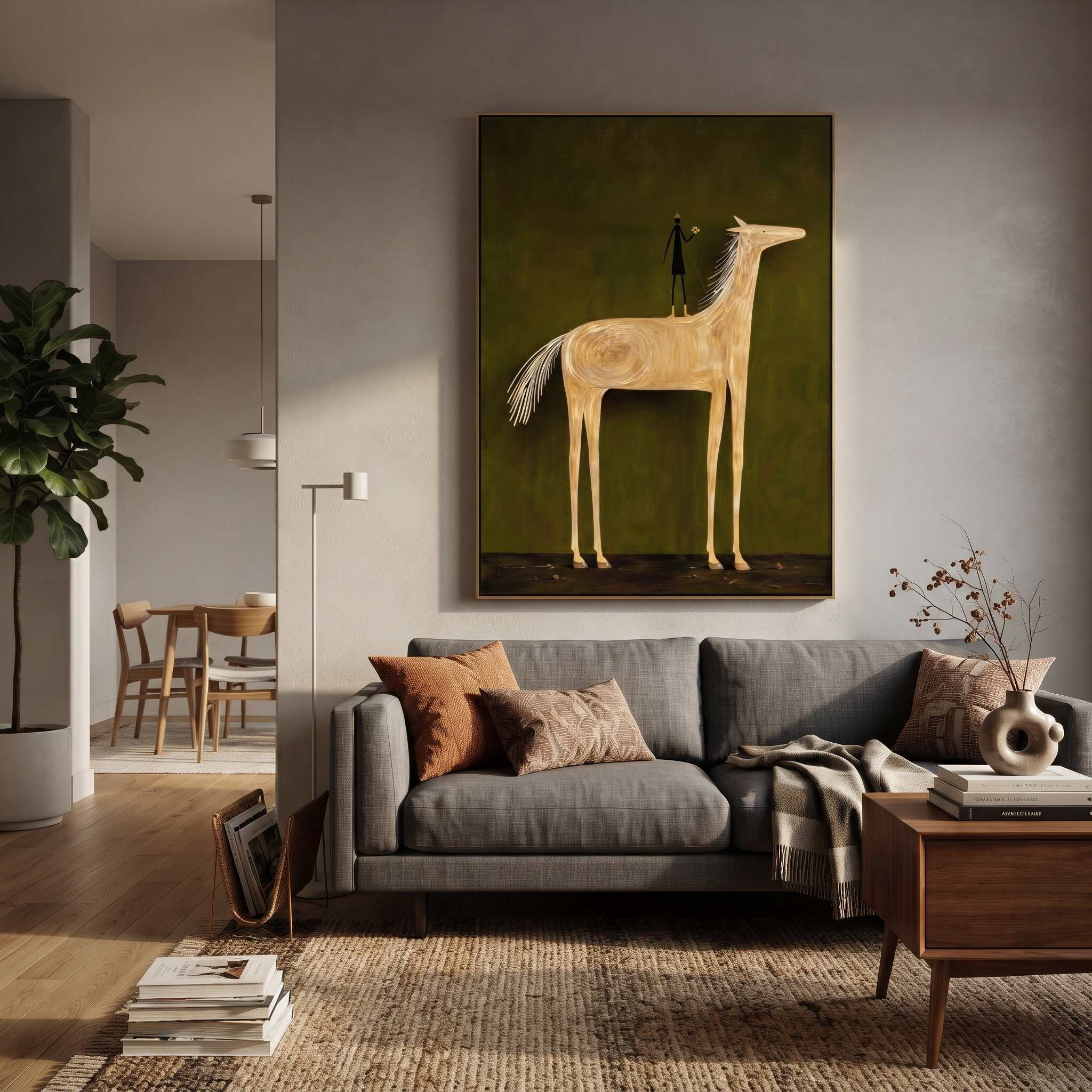 Pale Horse Holds Figure presented as a colorful interior focal point