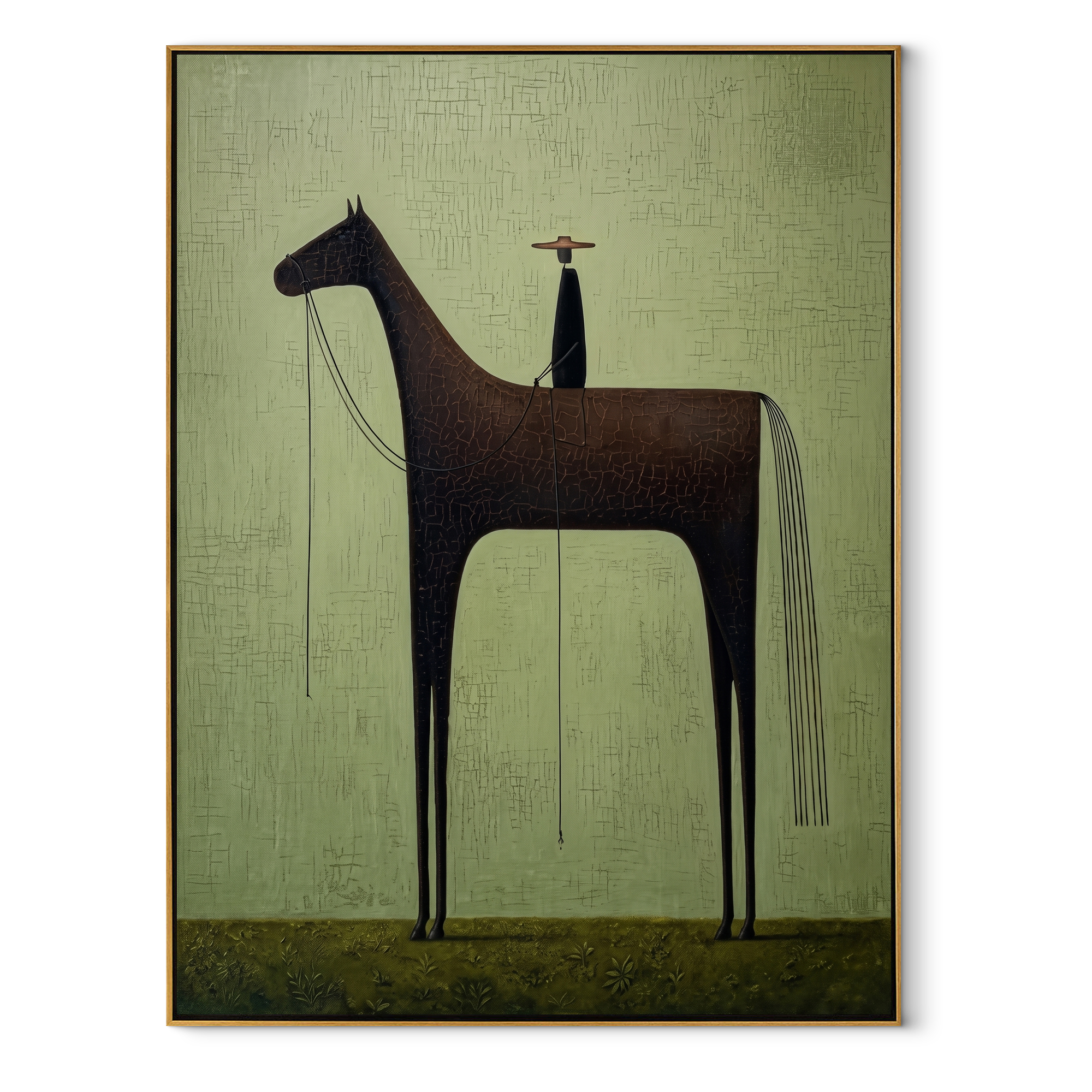 Black Horse Towers Sage equestrian horse painting, vertical canvas artwork