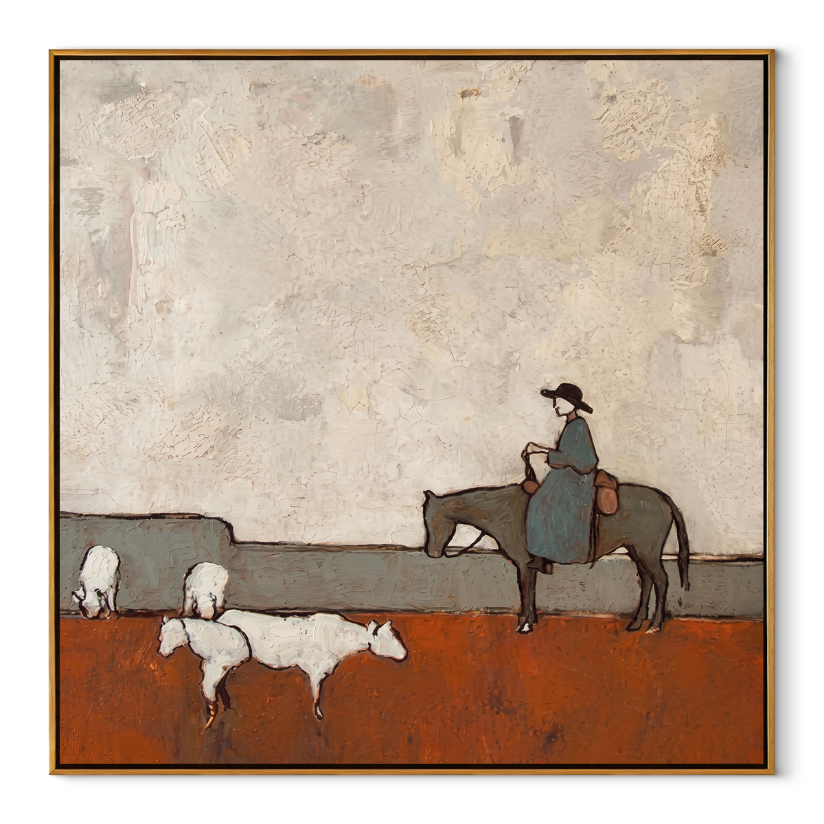 Sheep Cross Rust Pasture equestrian horse painting, square canvas artwork