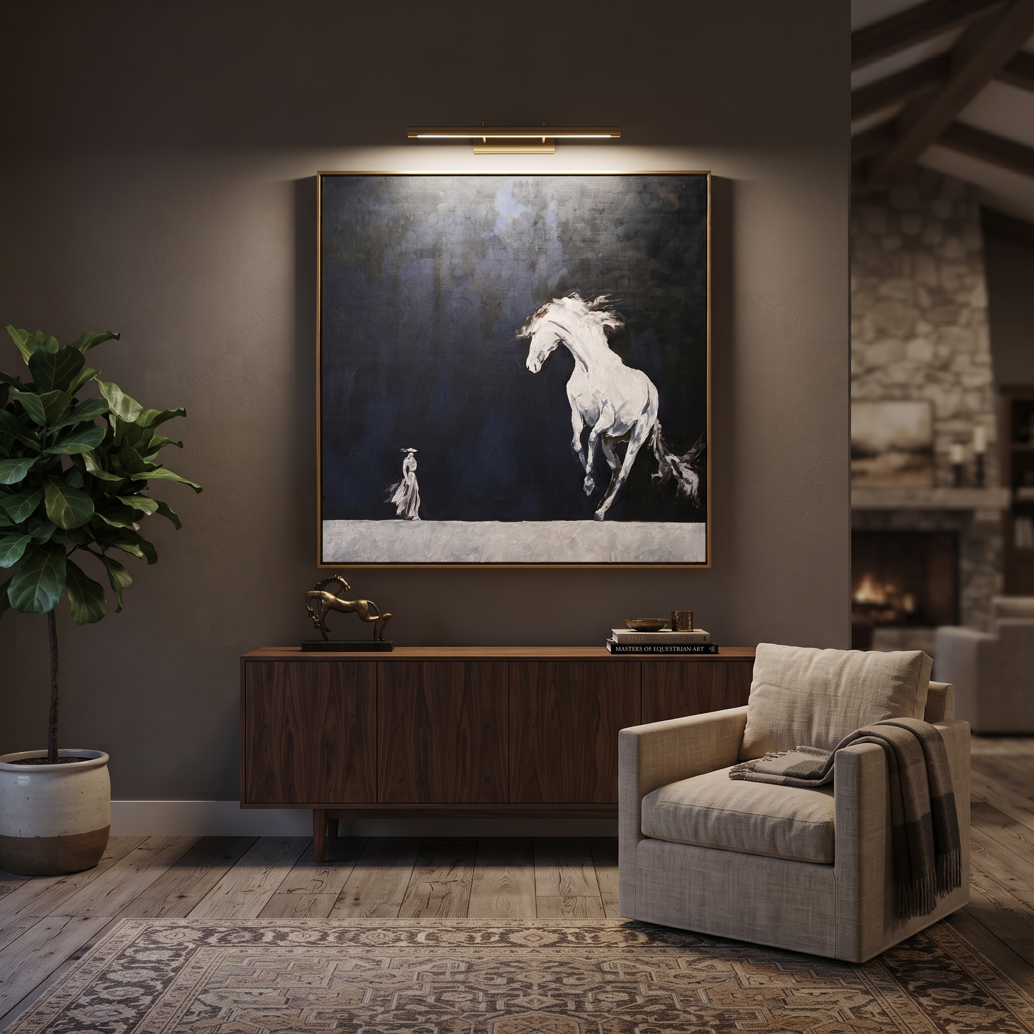 White Horse Rises Night styled with wood, linen, and modern decor