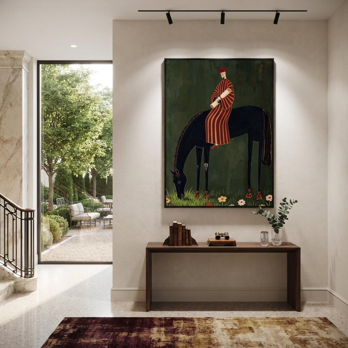 Striped Rider Finds Meadow displayed in a collected contemporary interior