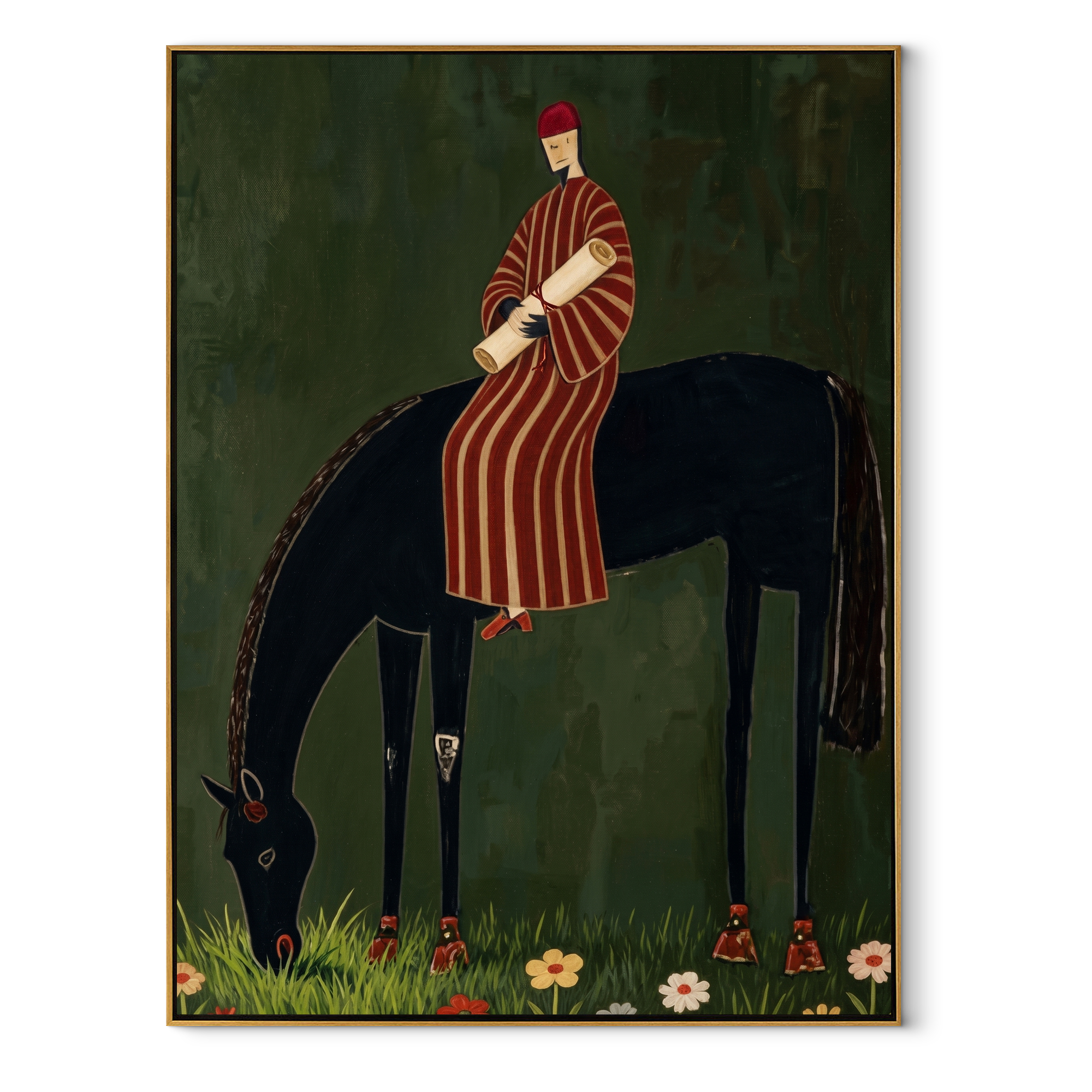 Striped Rider Finds Meadow equestrian horse painting, vertical canvas artwork