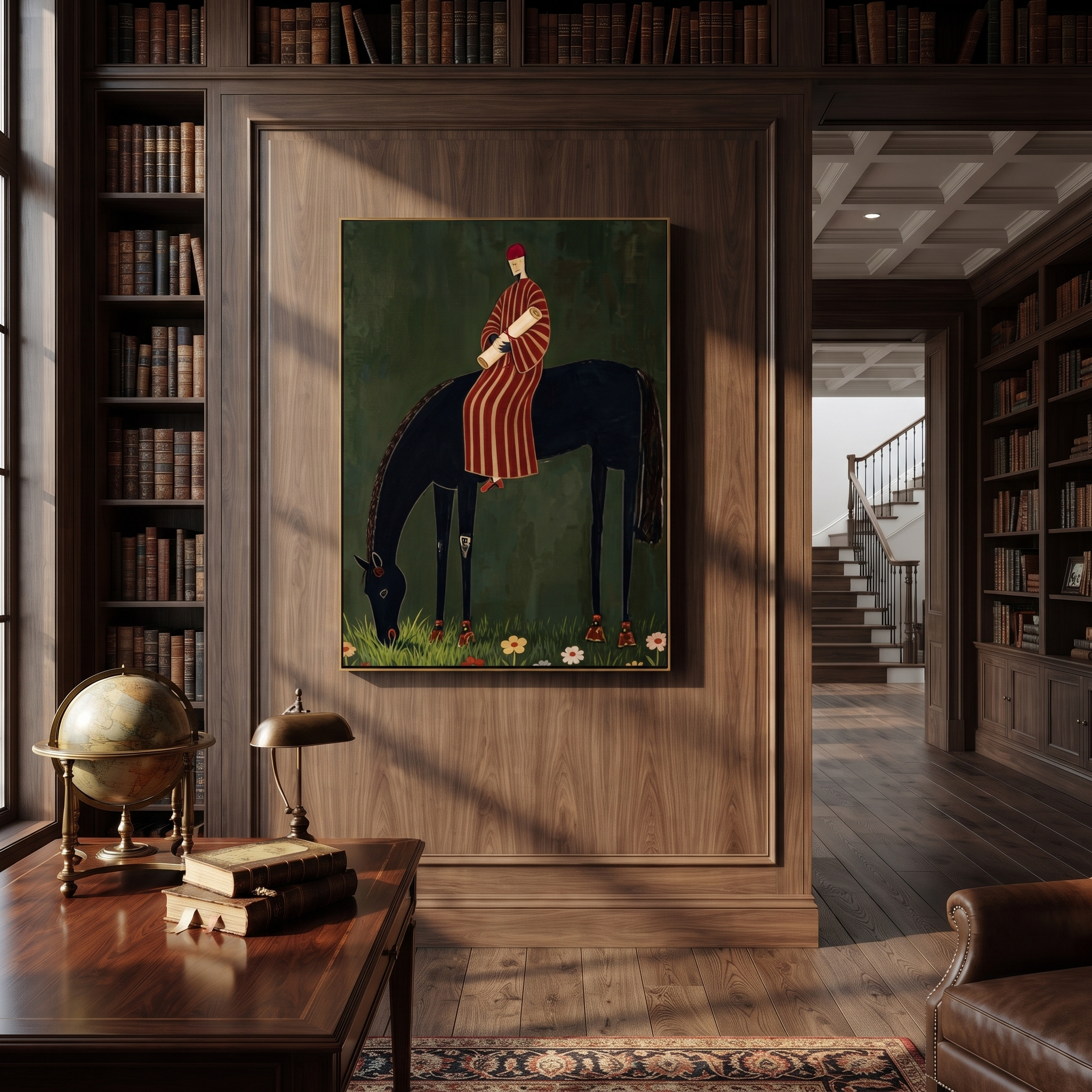 Striped Rider Finds Meadow displayed in a layered residential setting