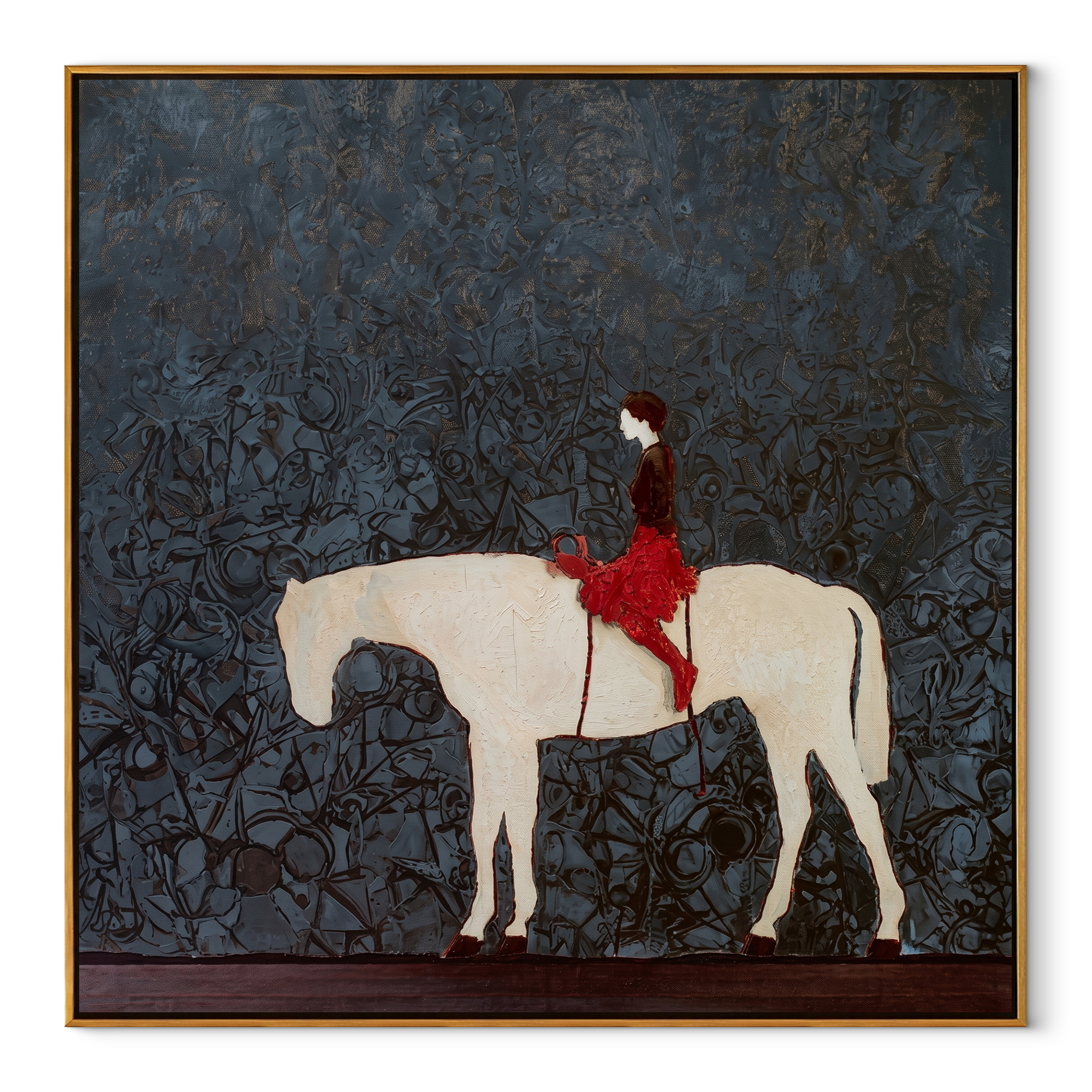 Red Saddle Crosses Blue equestrian horse painting, square canvas artwork