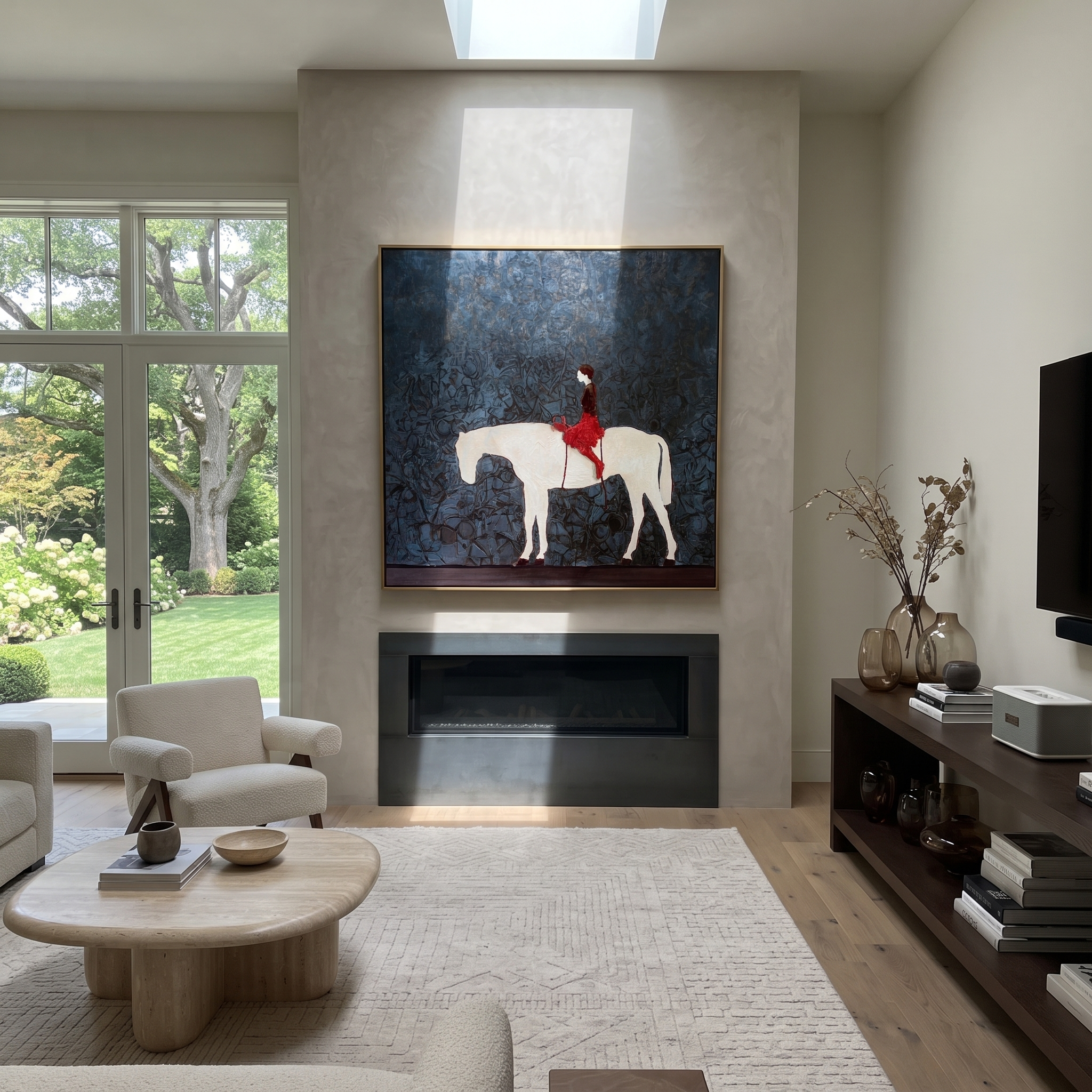 Red Saddle Crosses Blue styled with wood, linen, and modern decor