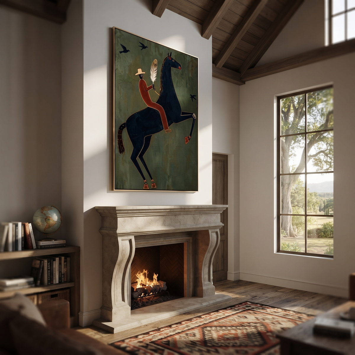 Feather Rider Rears Green styled with wood, linen, and modern decor