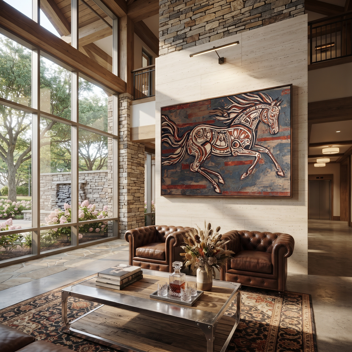 Painted Horse Cuts Wind displayed in a collected contemporary interior