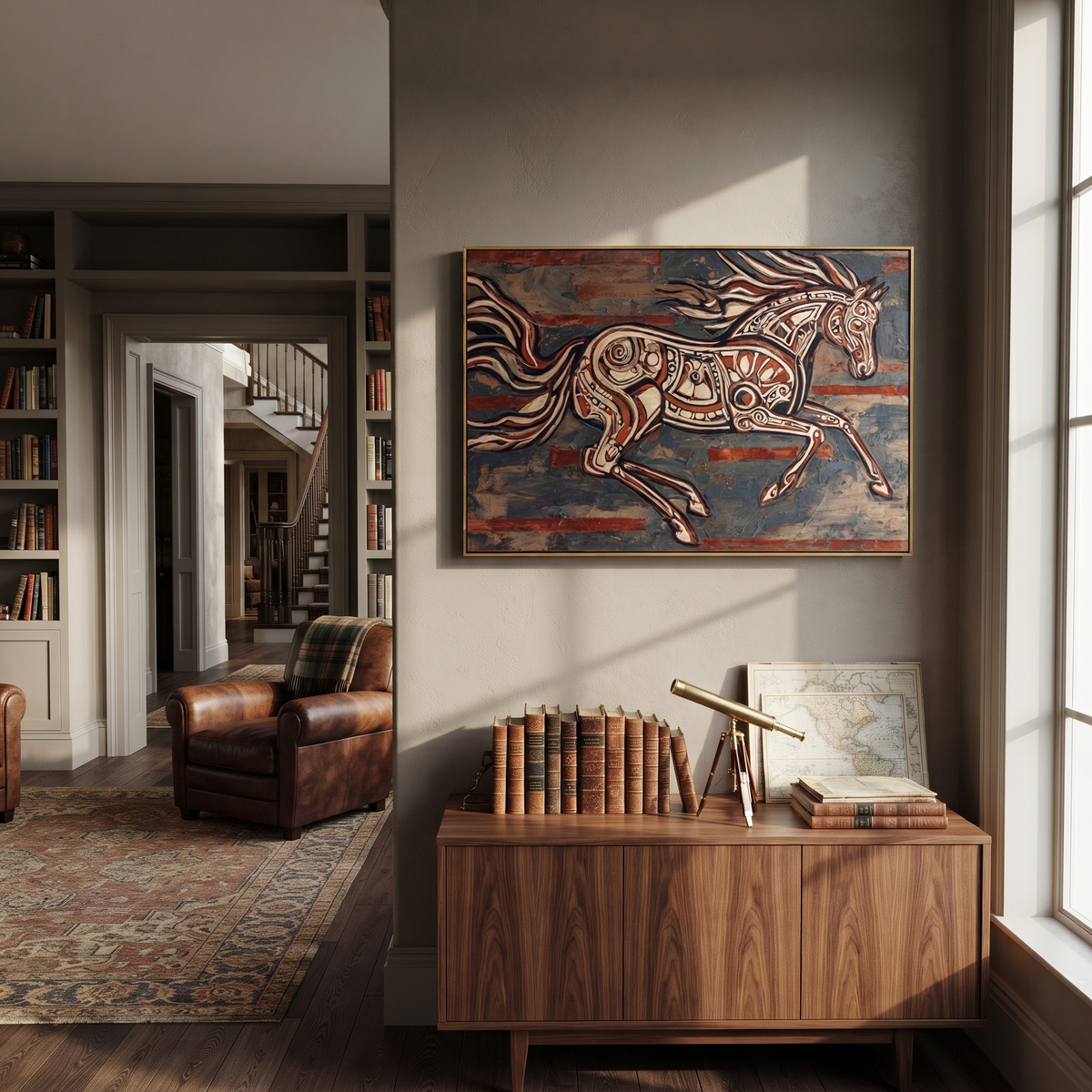 Painted Horse Cuts Wind displayed in a layered residential setting