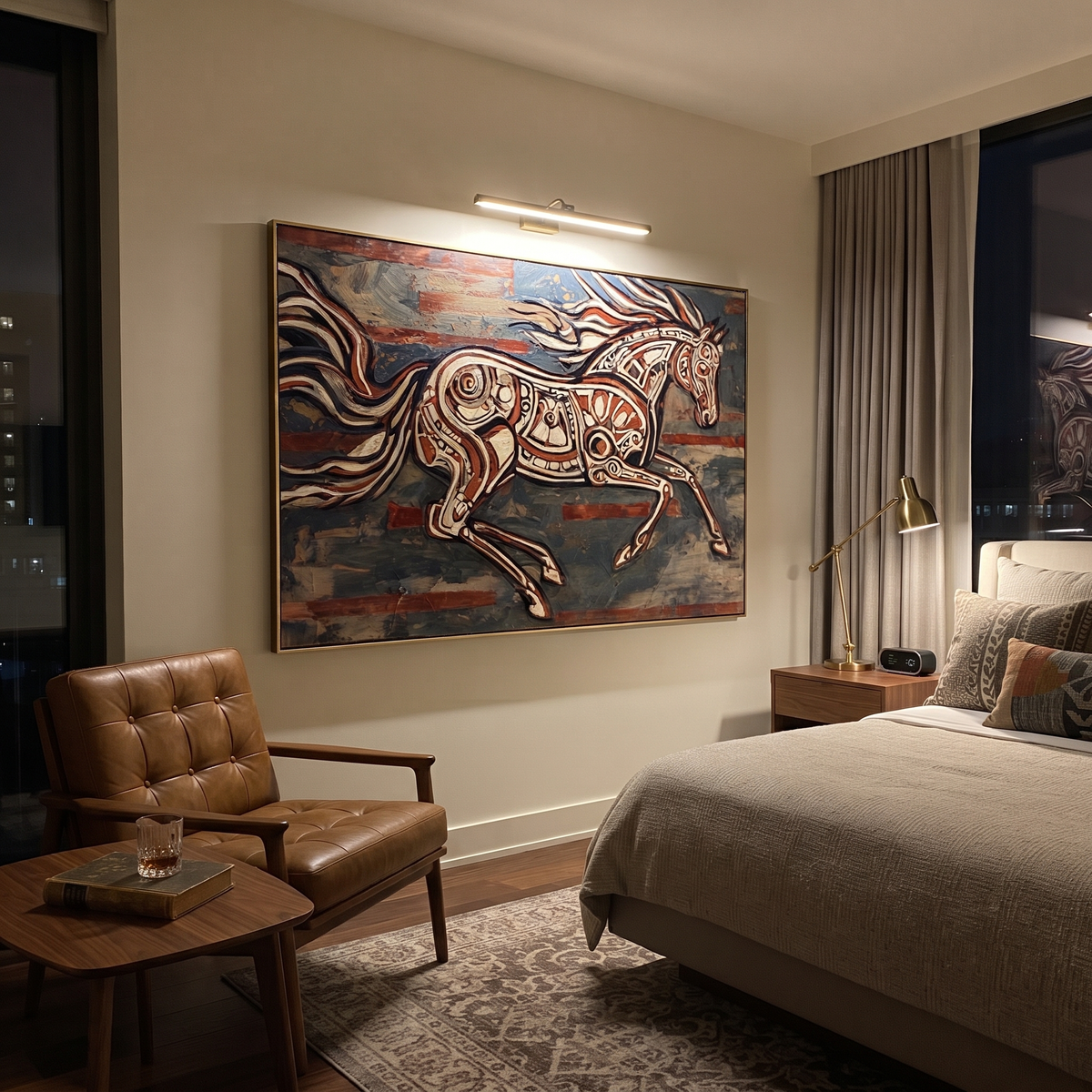 Painted Horse Cuts Wind styled with wood, linen, and modern decor