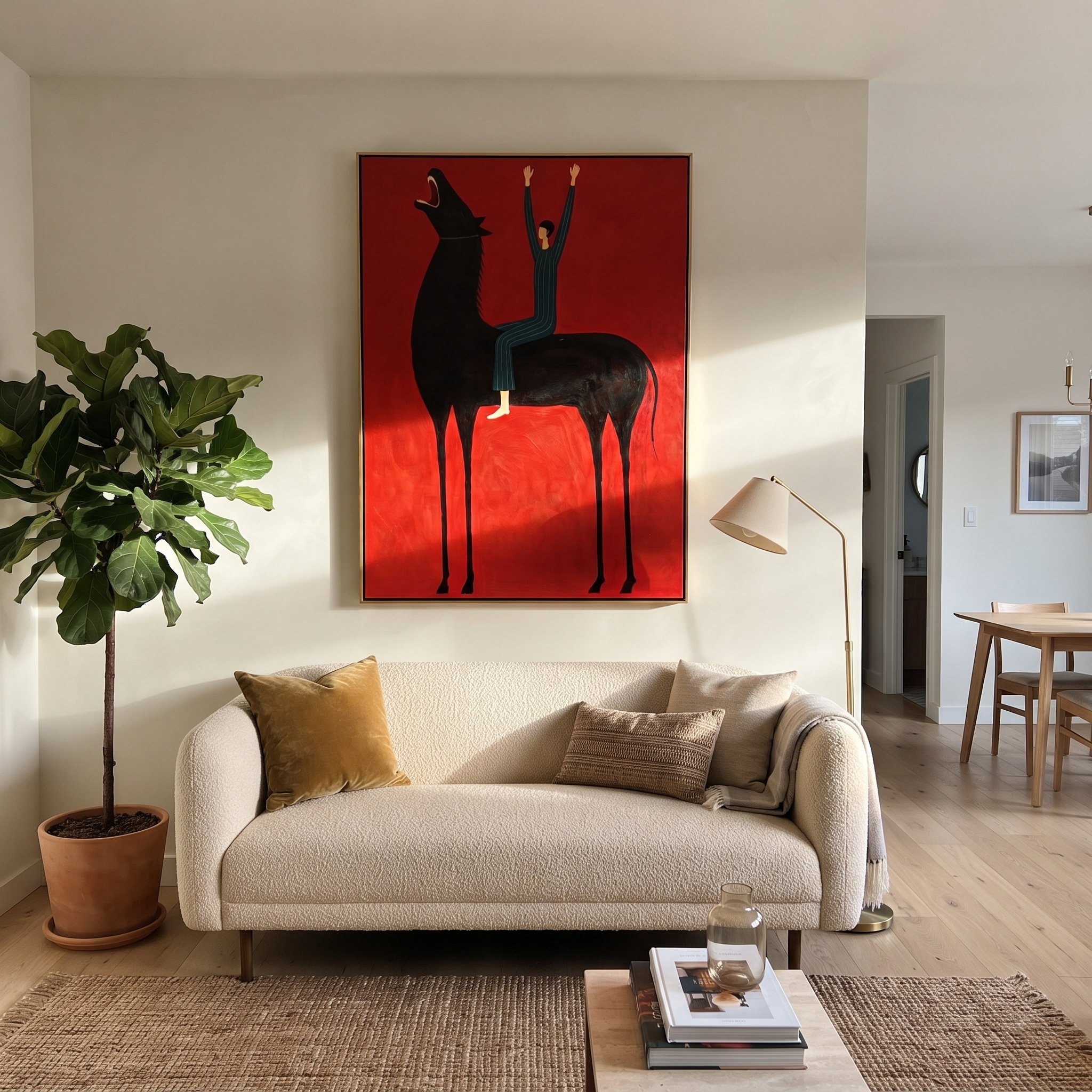 Raised Hands Meet Crimson displayed in a layered residential setting