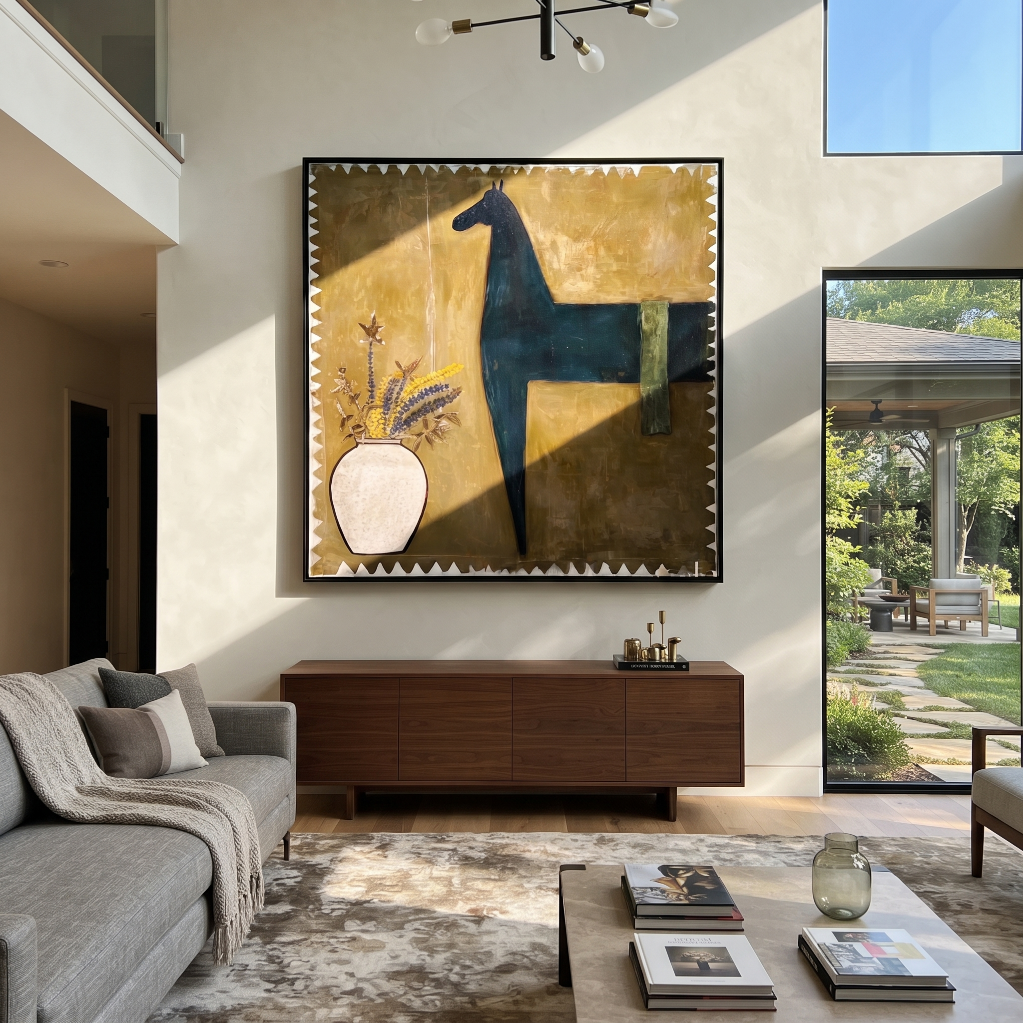 Flowers Wait Beside Horse displayed in a collected contemporary interior