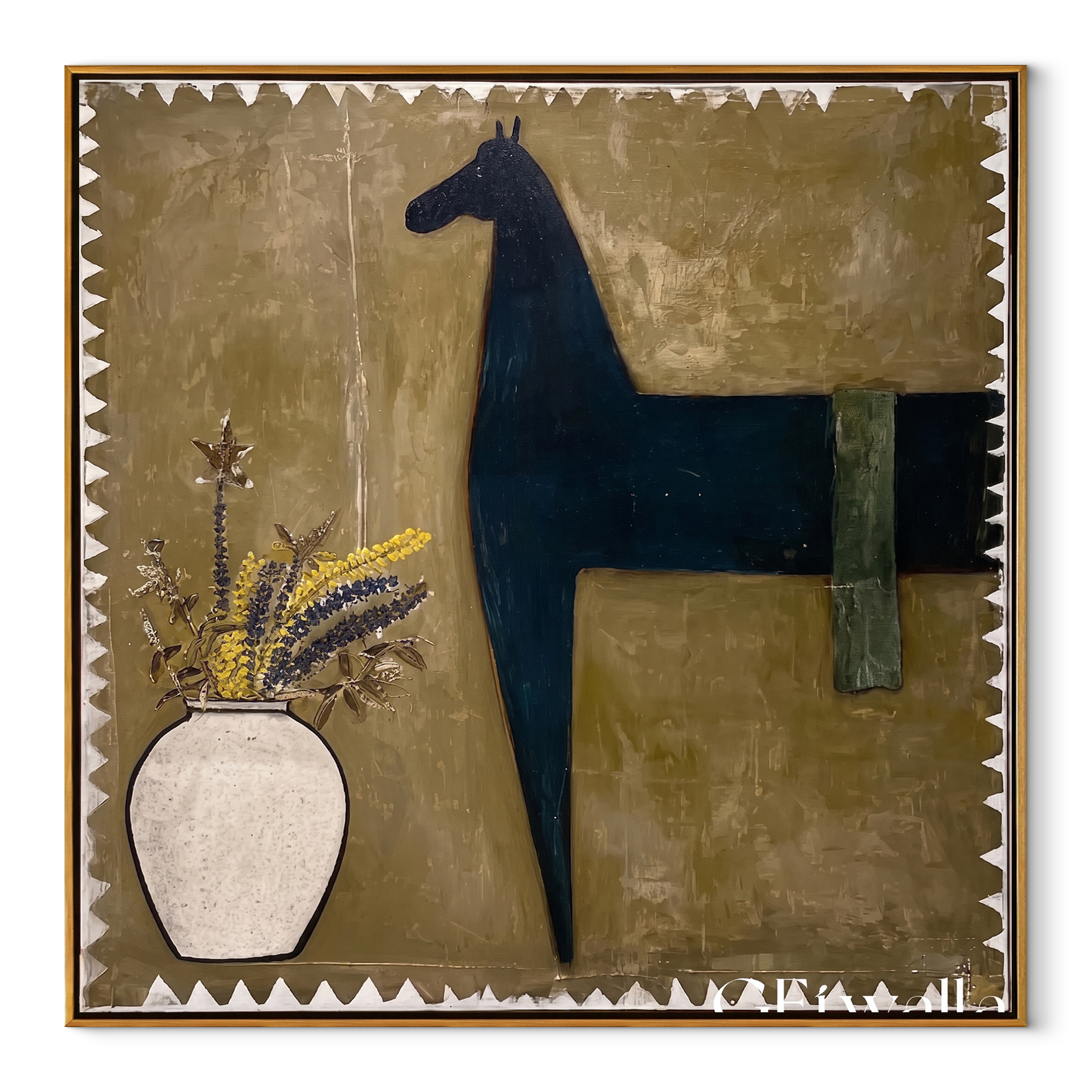 Flowers Wait Beside Horse equestrian horse painting, square canvas artwork