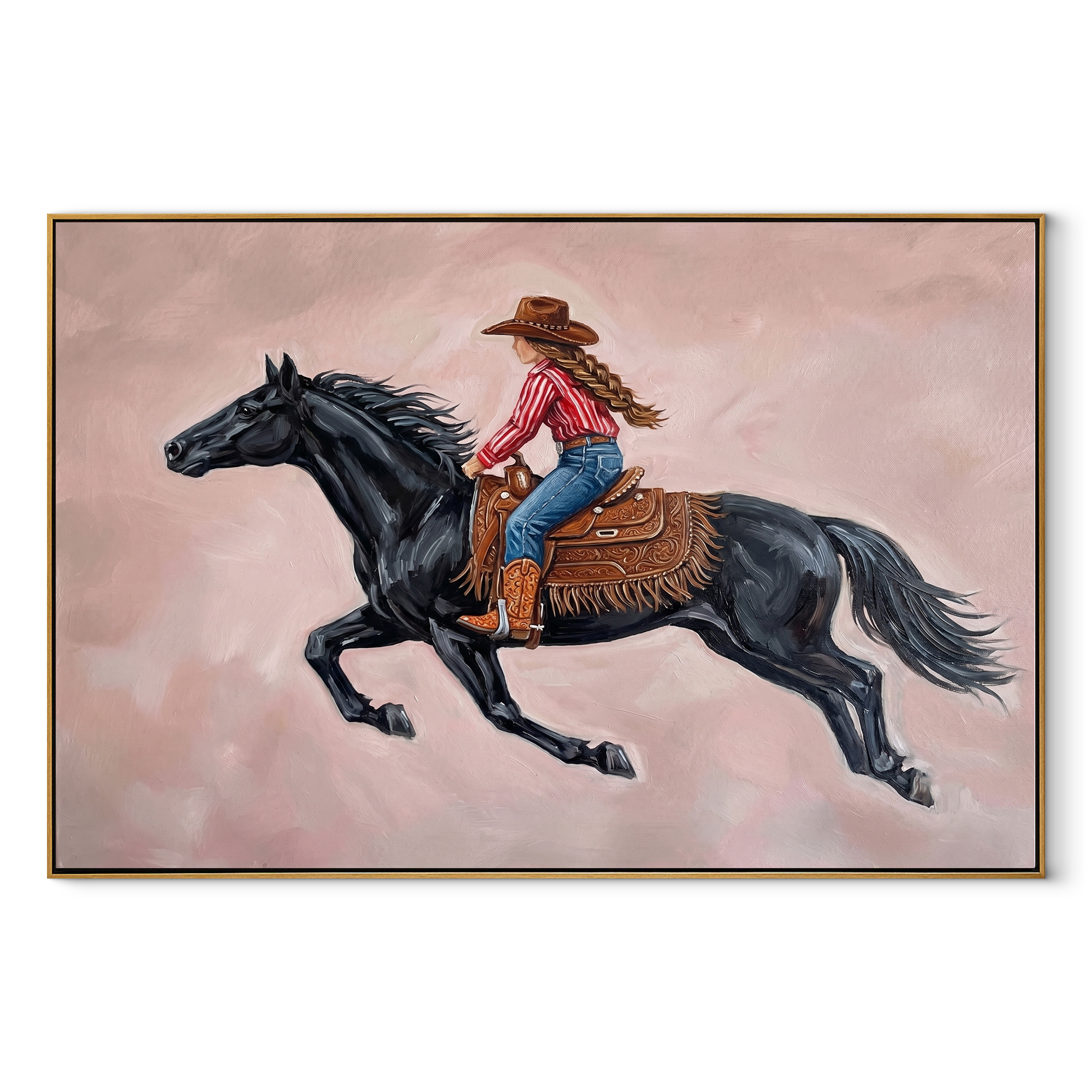 Cowgirl Gallops Through Blush equestrian horse painting, horizontal canvas artwork