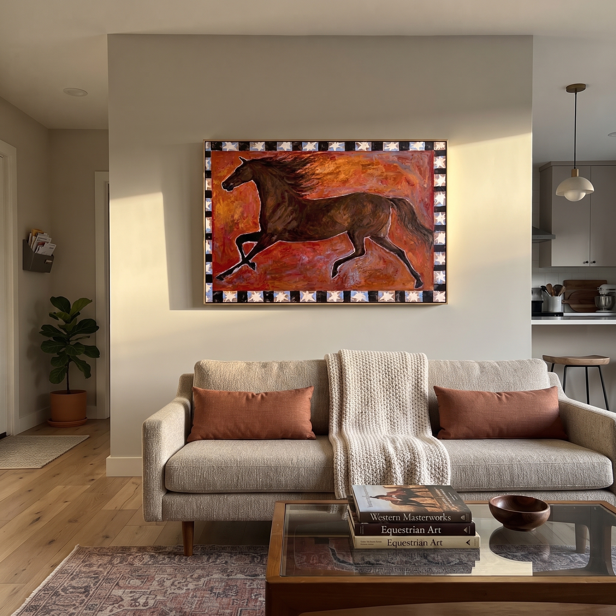 Dark Horse Runs Stars styled with wood, linen, and modern decor