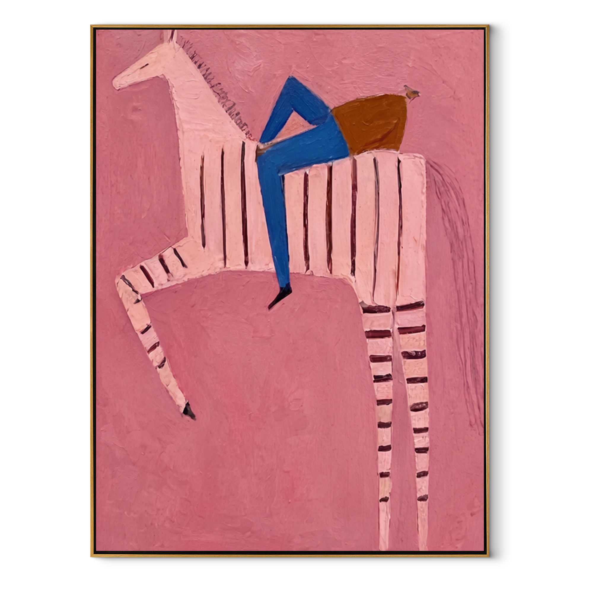 Blue Rider Climbs Pink equestrian horse painting, vertical canvas artwork