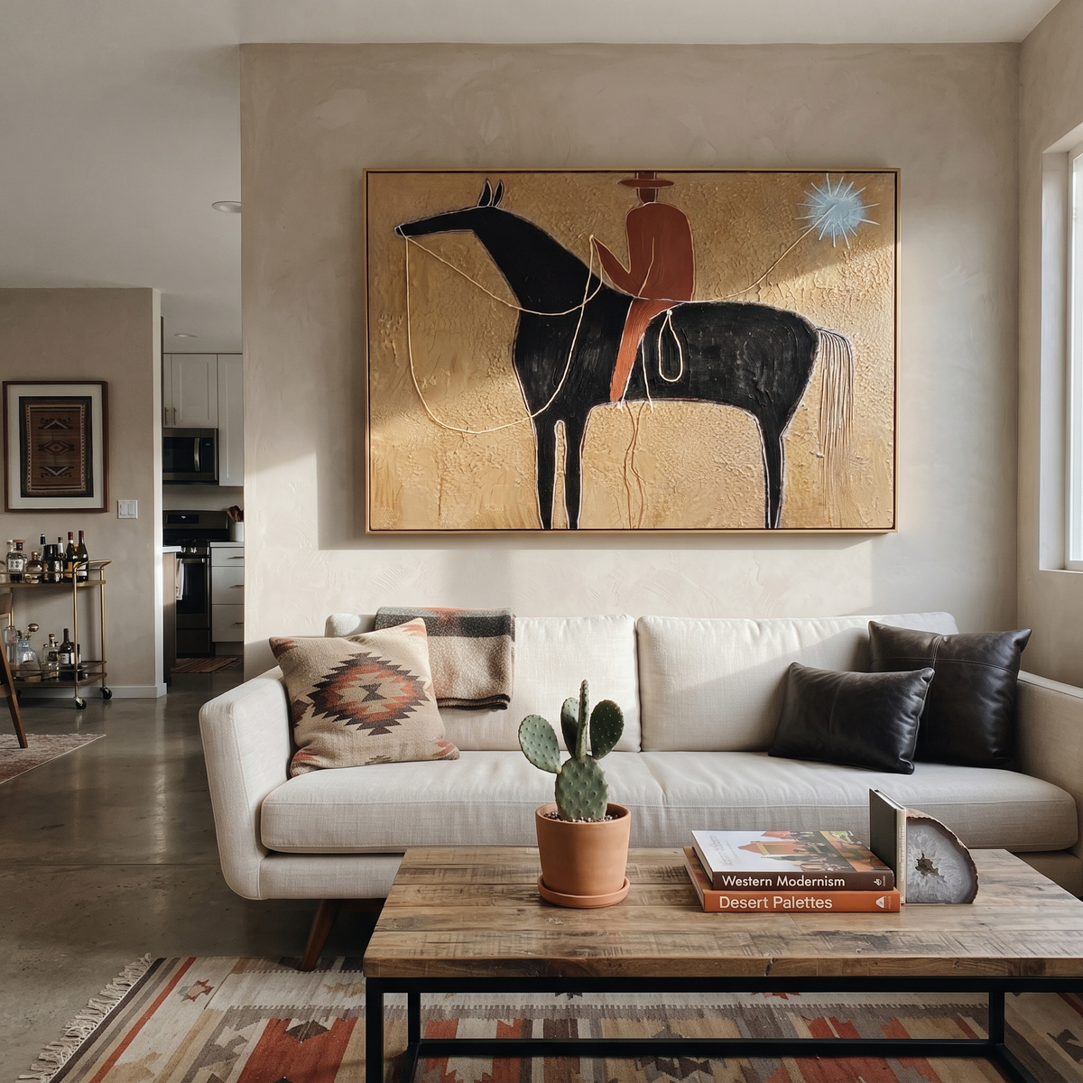 Blue Star Pulls Rein styled with warm modern furnishings