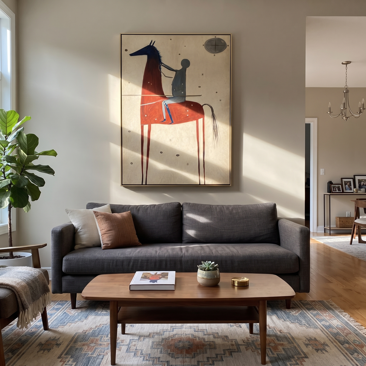 Moon Watches Red Horse styled with wood, linen, and modern decor