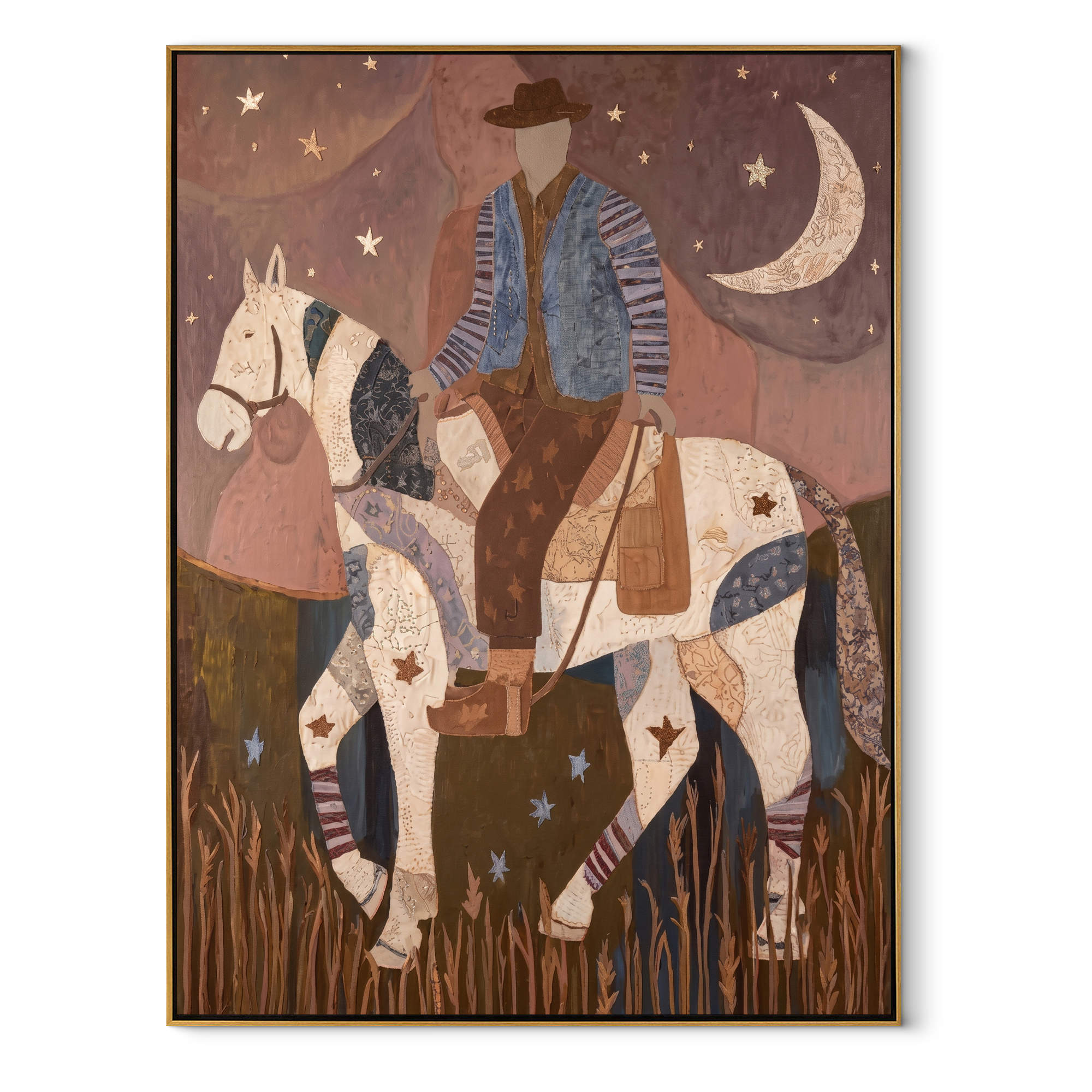 Patchwork Rider Meets Crescent equestrian horse painting, vertical canvas artwork