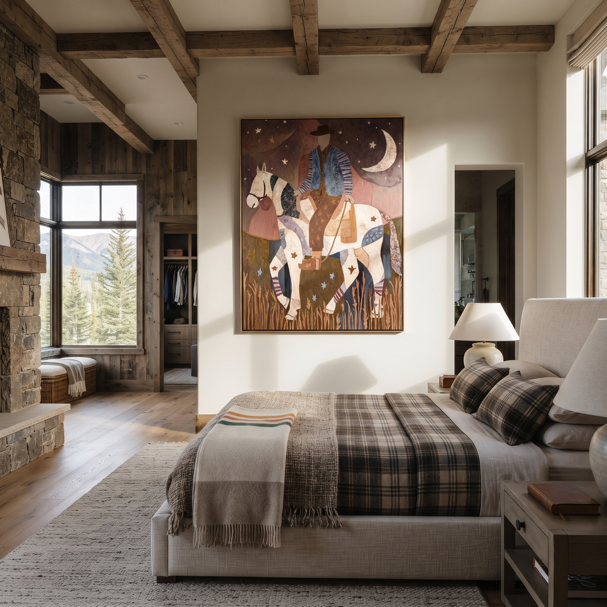 Patchwork Rider Meets Crescent presented as a colorful interior focal point