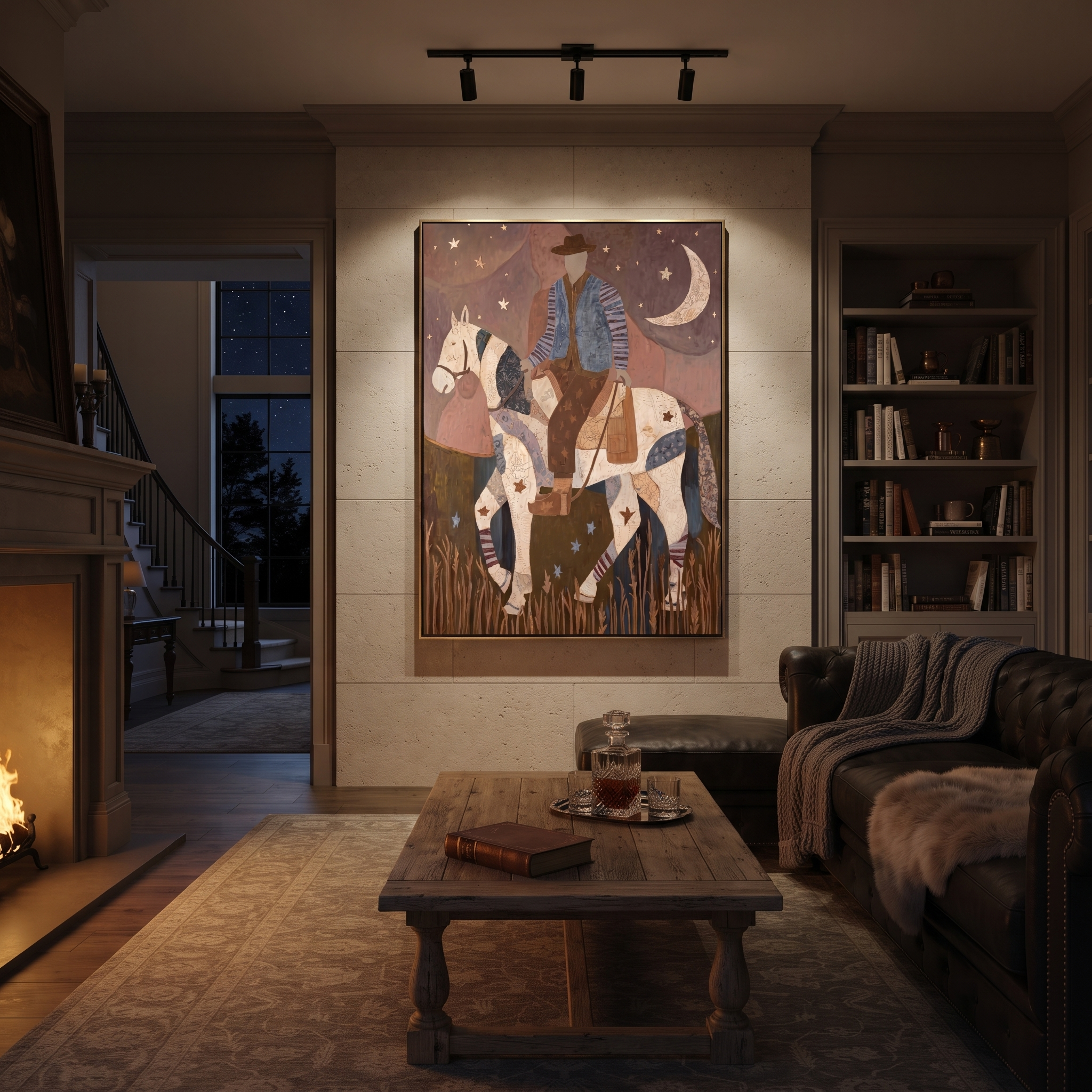 Patchwork Rider Meets Crescent displayed in a layered residential setting
