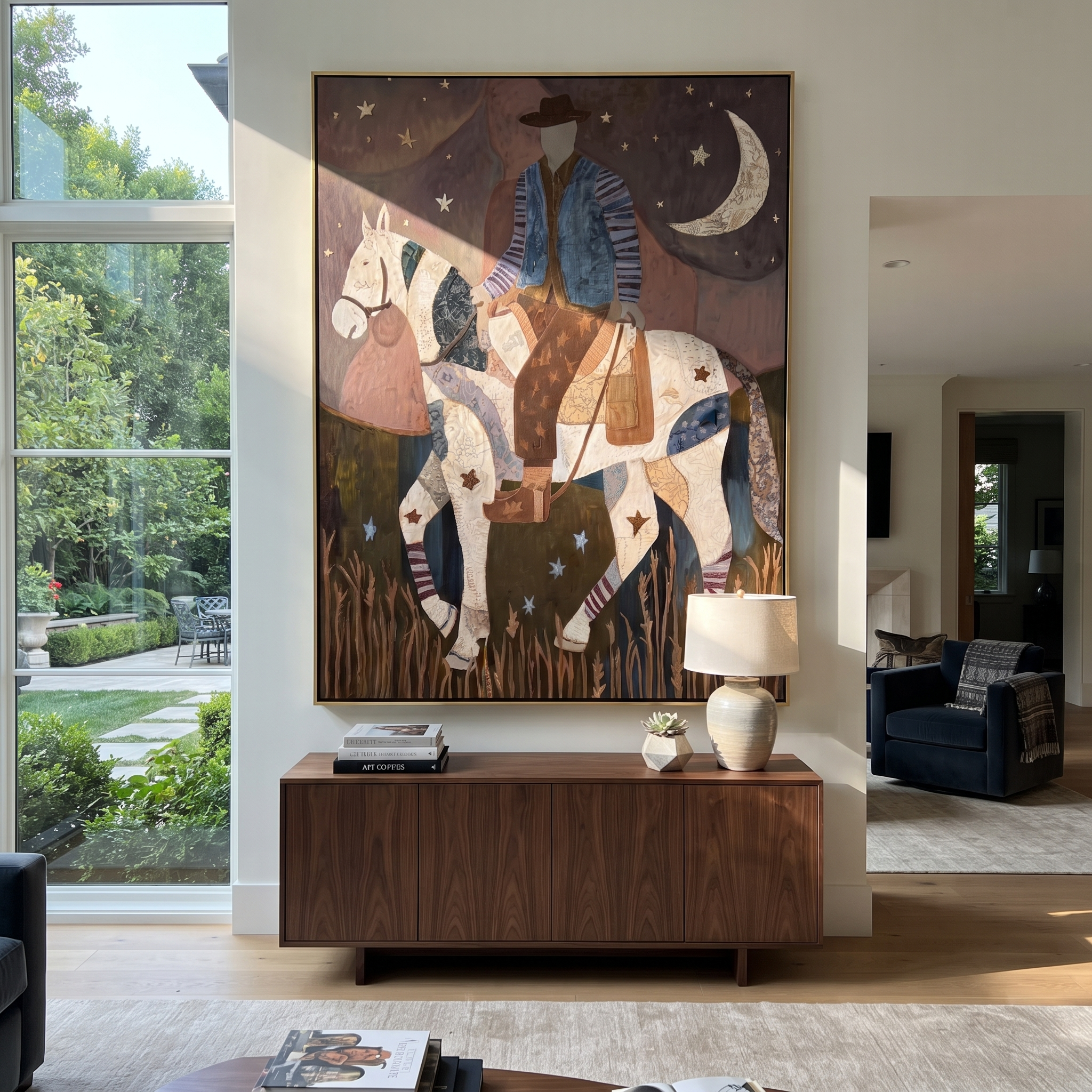 Patchwork Rider Meets Crescent styled with wood, linen, and modern decor