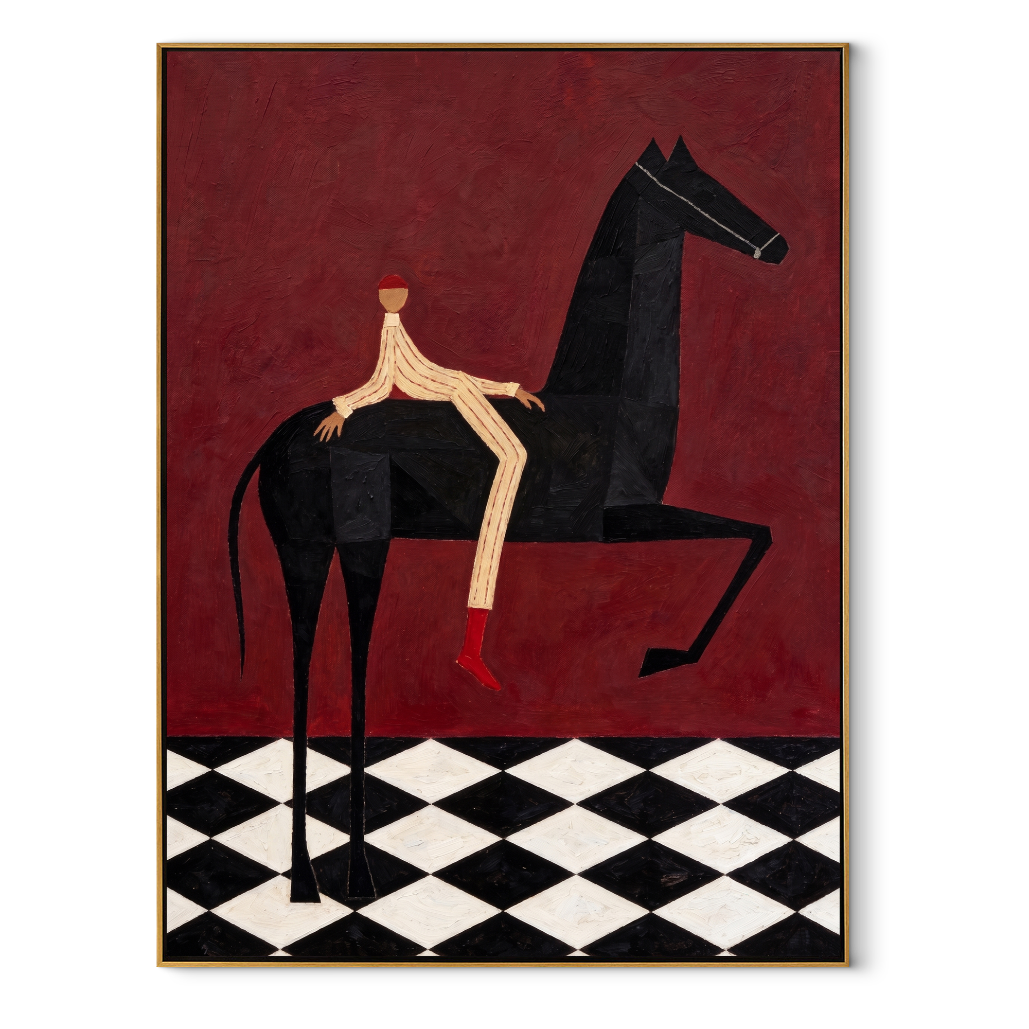 Red Boots Cross Burgundy equestrian horse painting, vertical canvas artwork