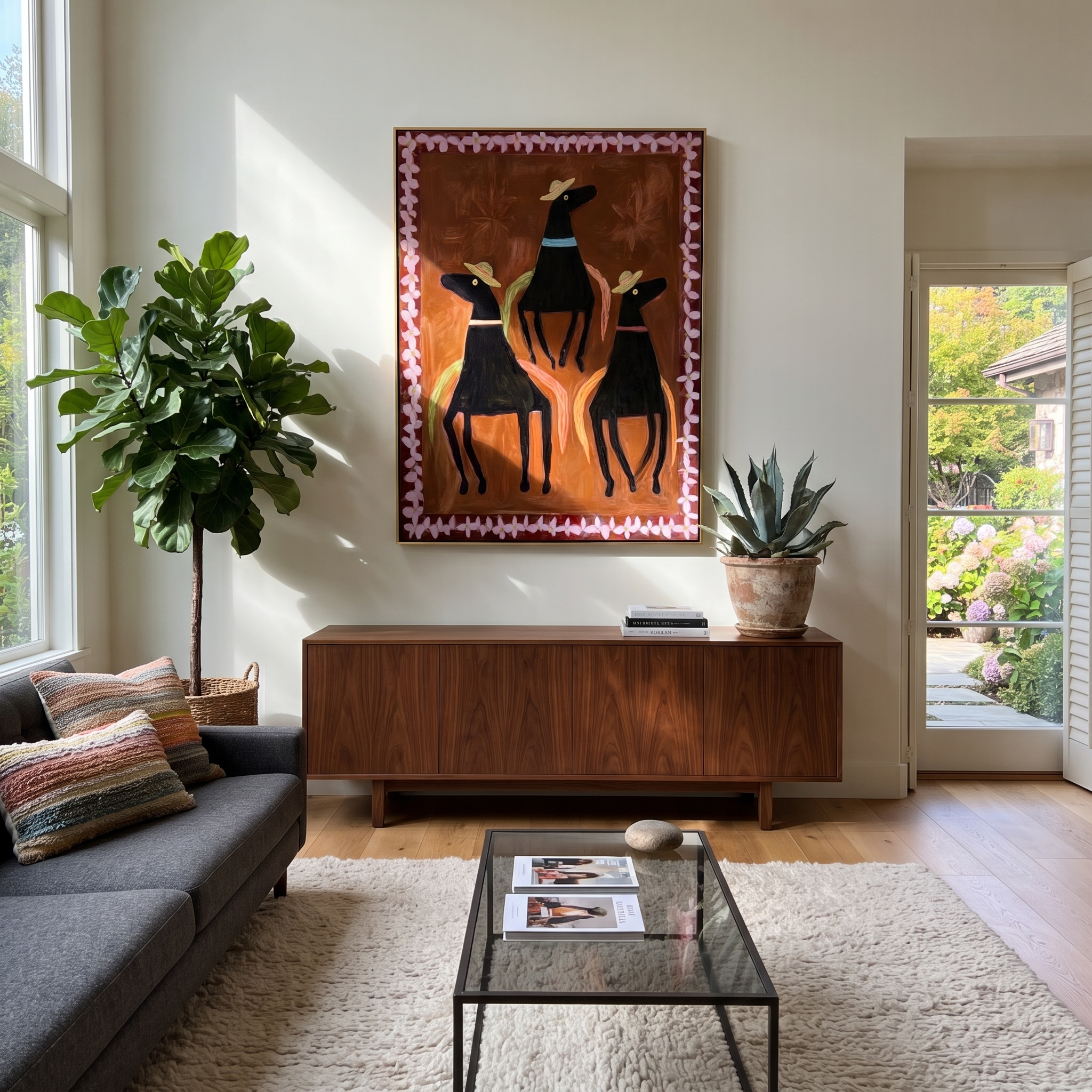 Three Hats Circle Chestnut styled with wood, linen, and modern decor