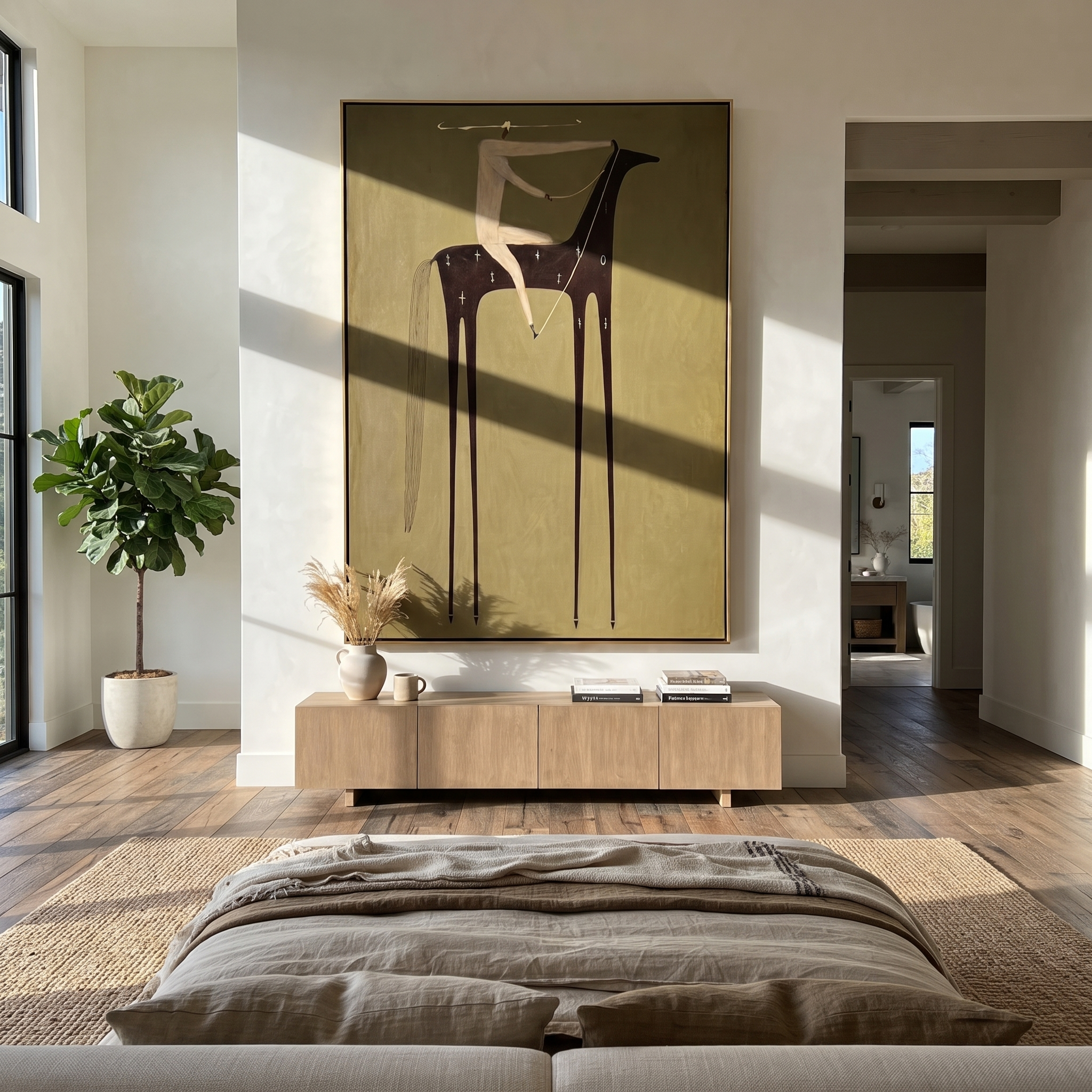Pale Acrobat Balances Midnight styled with wood, linen, and modern decor
