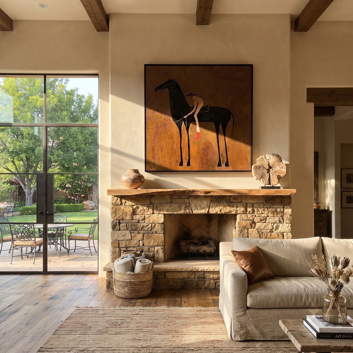 Red Boots Meet Shadow styled with wood, linen, and modern decor