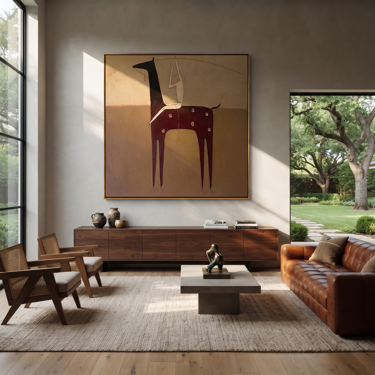 Ivory Acrobat Hangs Quietly styled with wood, linen, and modern decor