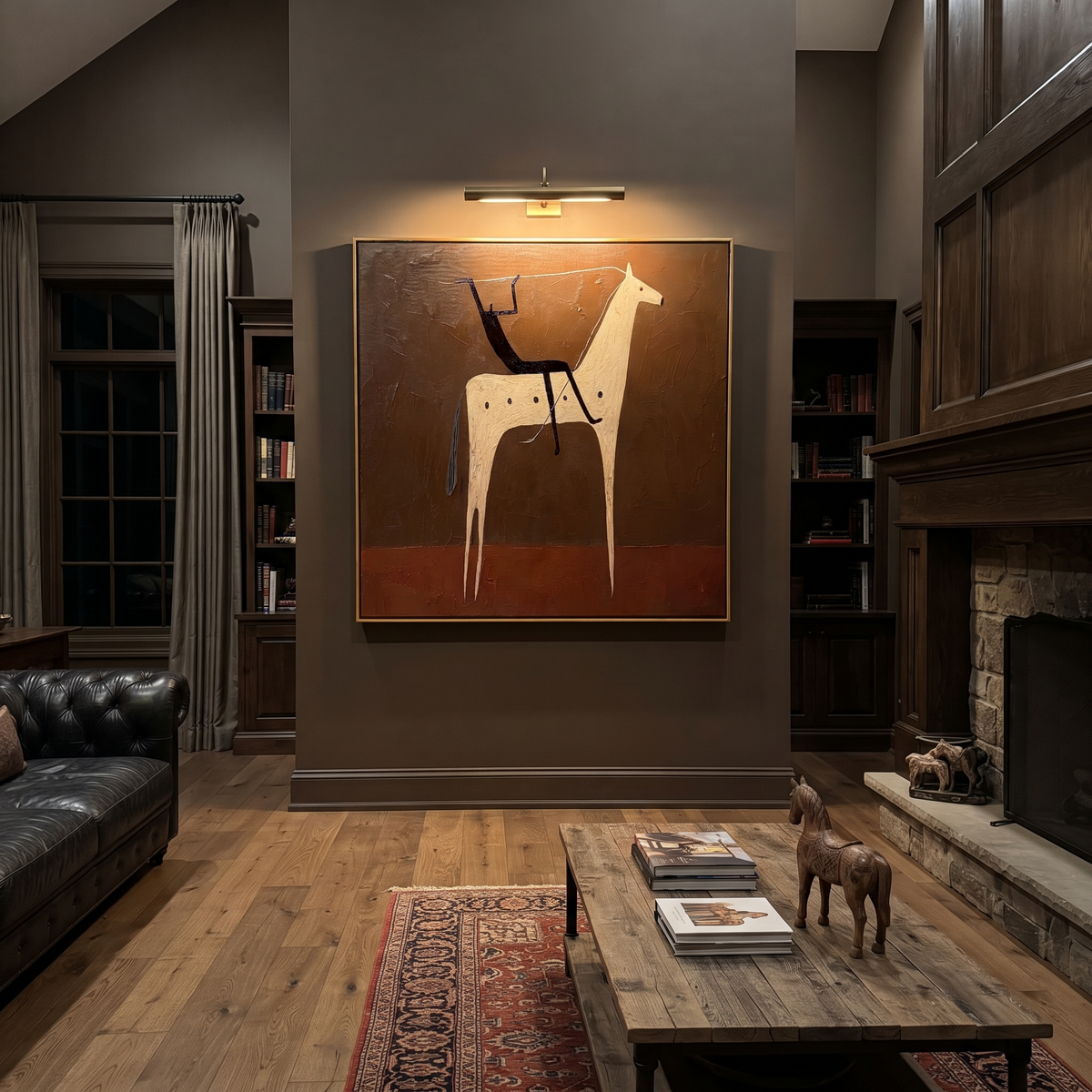 Black Rider Crosses Umber styled with wood, linen, and modern decor