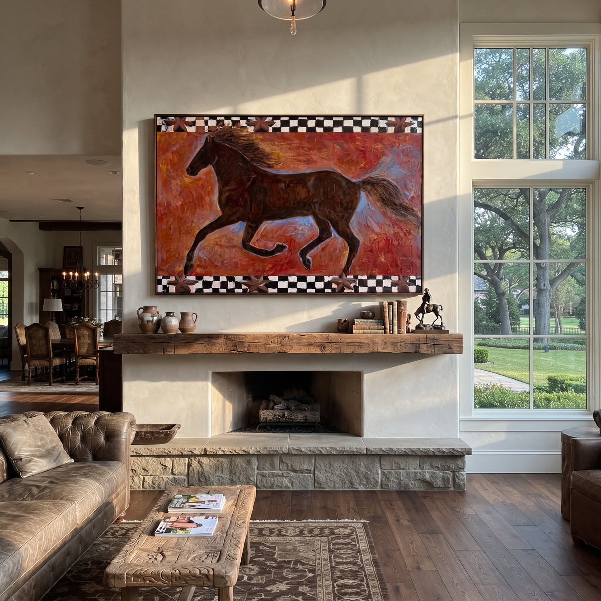 Dark Gallop Breaks Crimson displayed in a collected contemporary interior