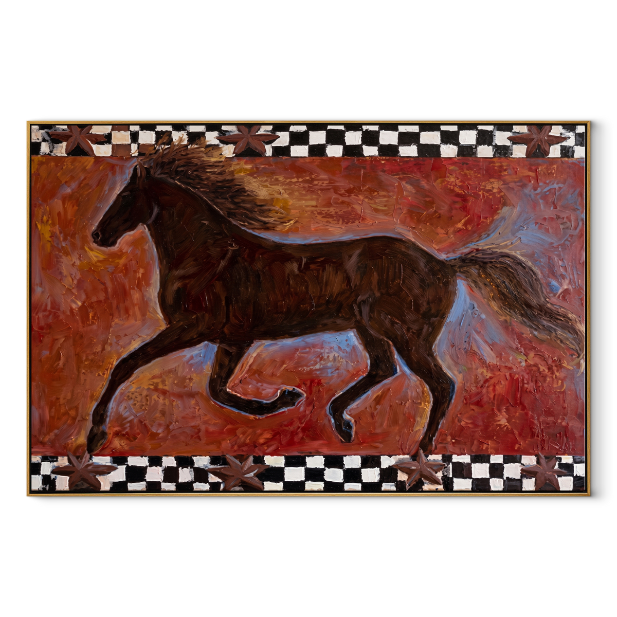 Dark Gallop Breaks Crimson equestrian horse painting, horizontal canvas artwork