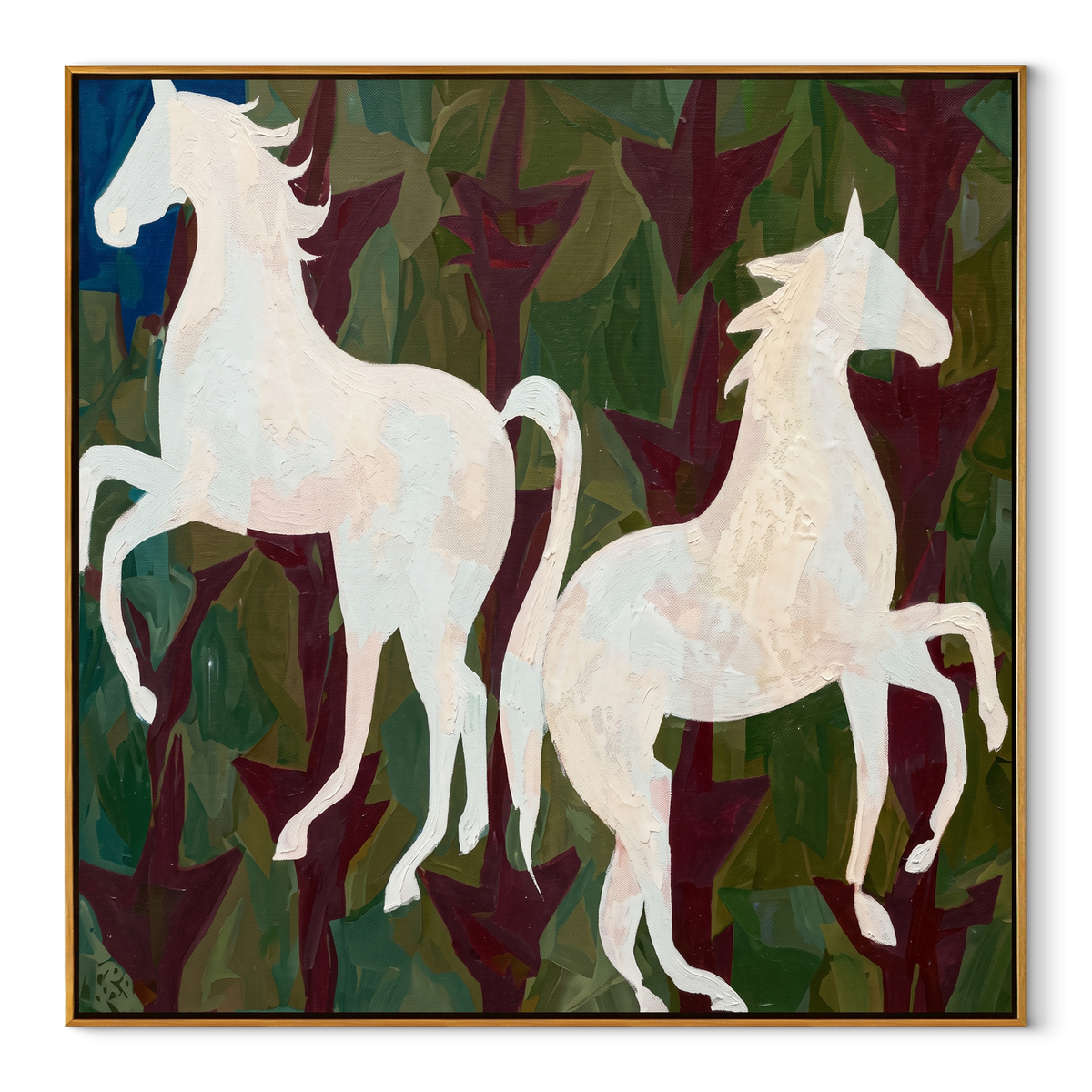 White Horses Rise Wild equestrian horse painting, square canvas artwork