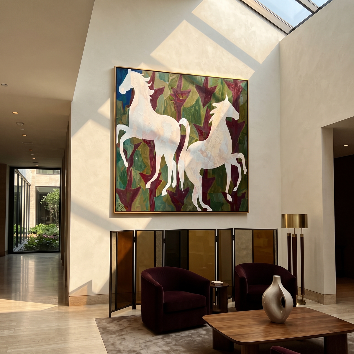 White Horses Rise Wild displayed in a layered residential setting