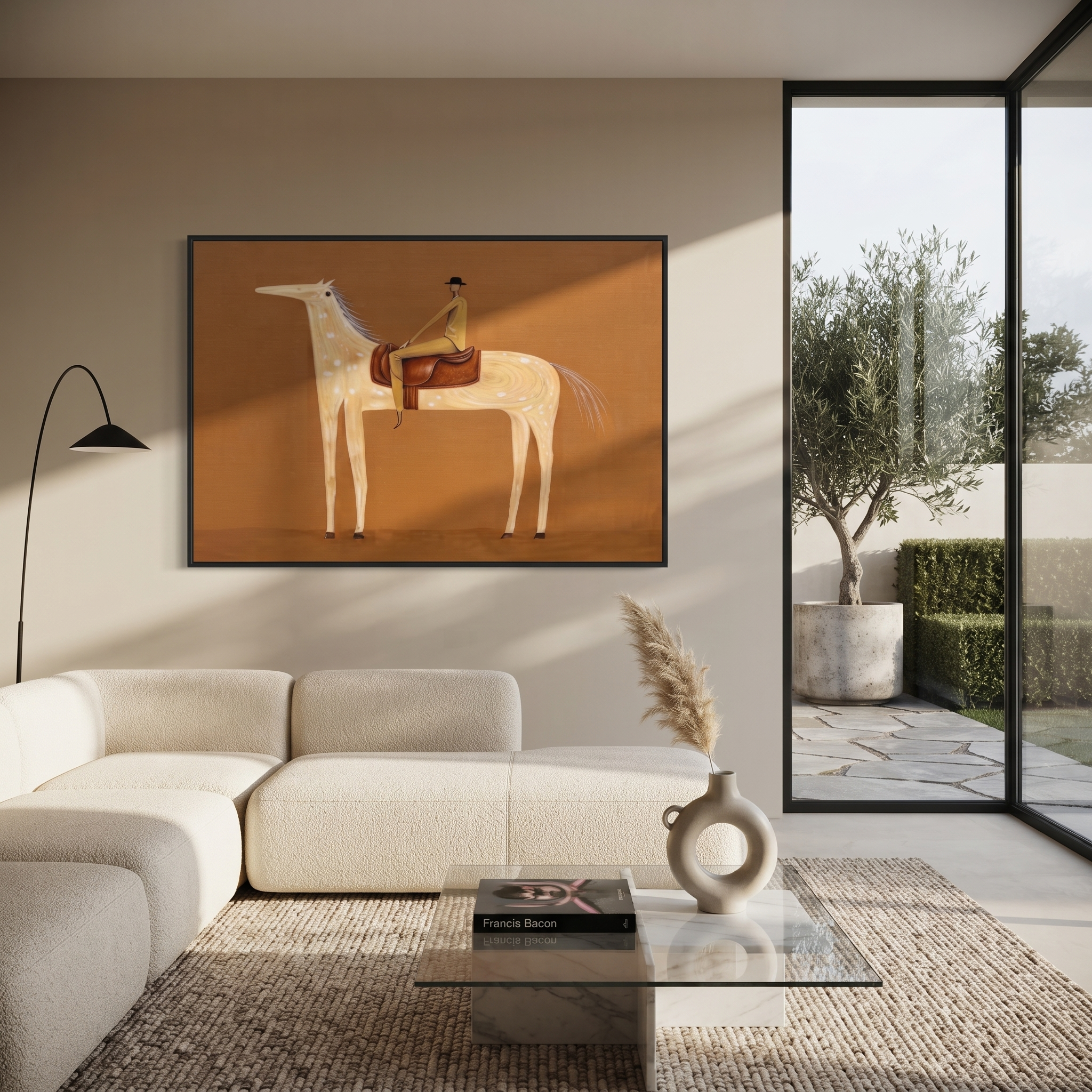 Pale Dapples Cross Ochre displayed in a collected contemporary interior