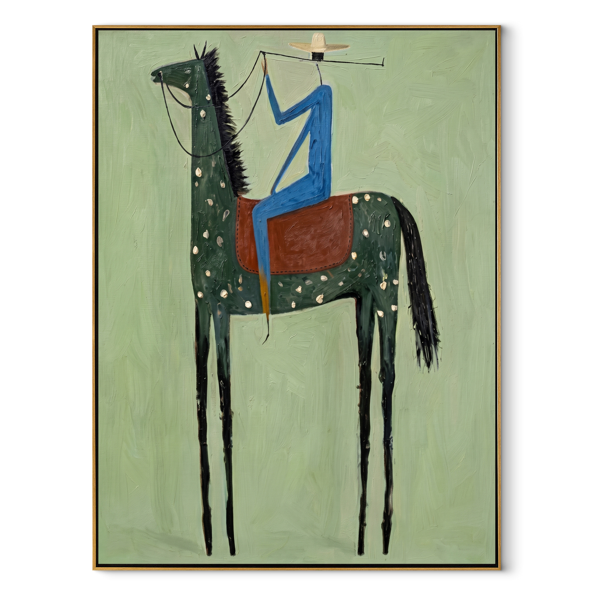 Blue Rider Climbs Mint equestrian horse painting, vertical canvas artwork