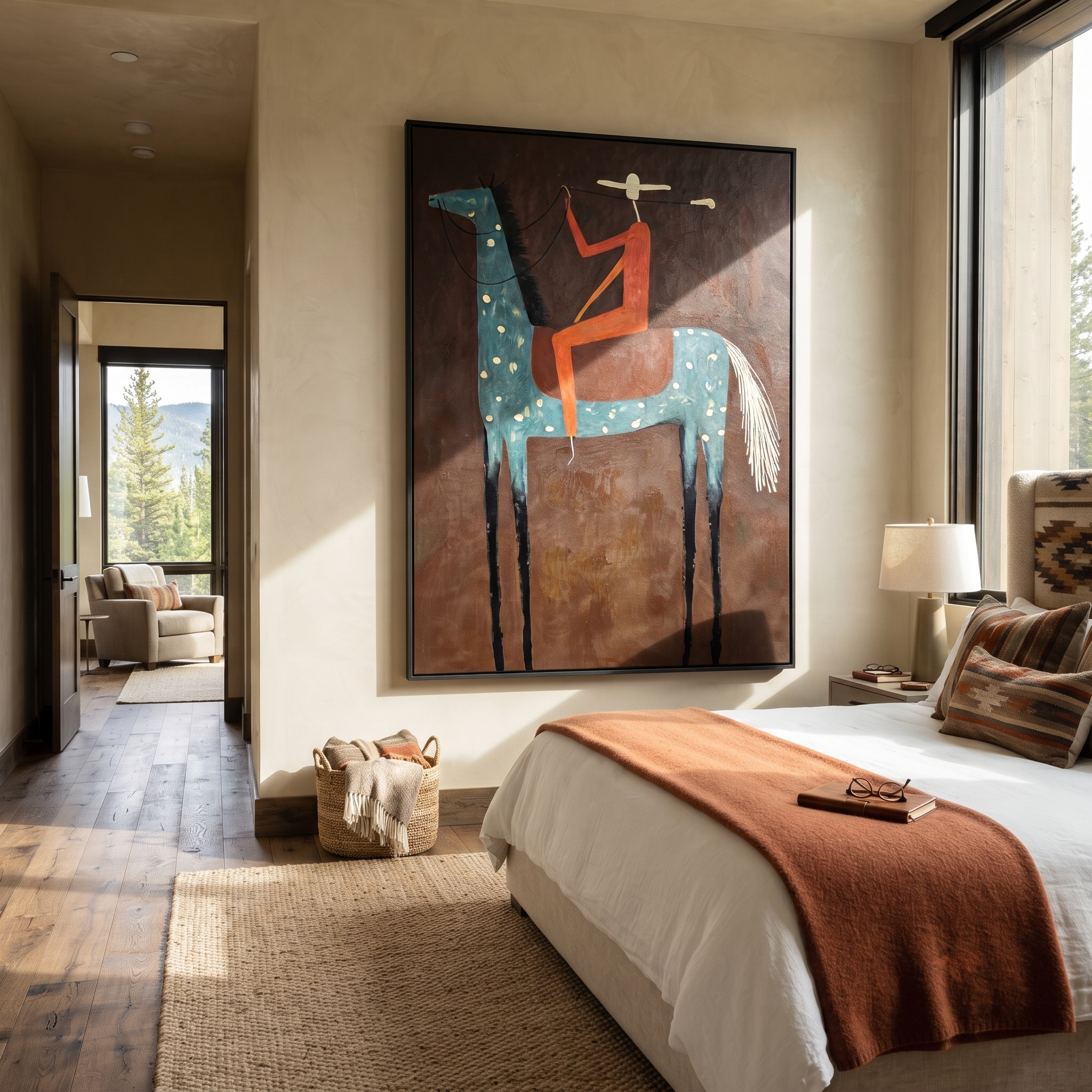 Red Rider Towers Umber styled with wood, linen, and modern decor
