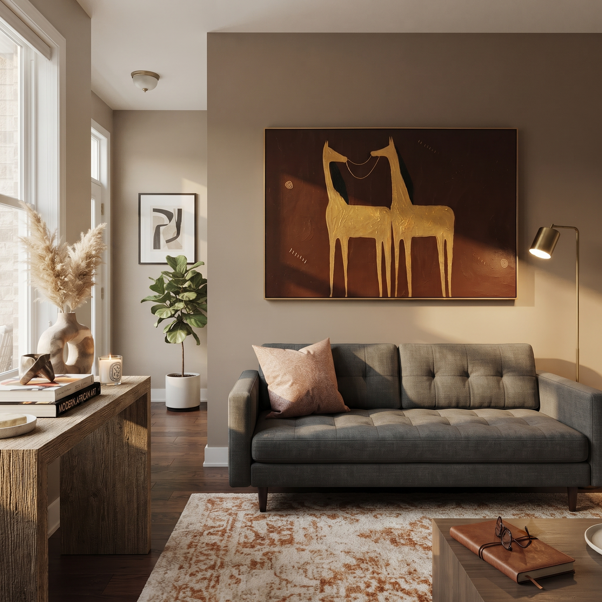 Golden Horses Share Breath presented as a colorful interior focal point
