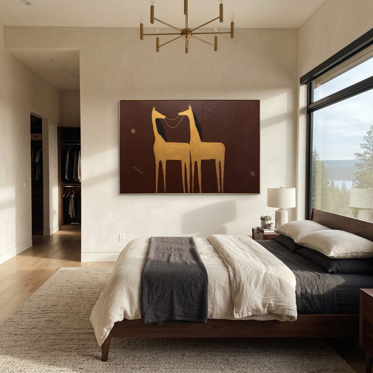 Golden Horses Share Breath displayed in a layered residential setting